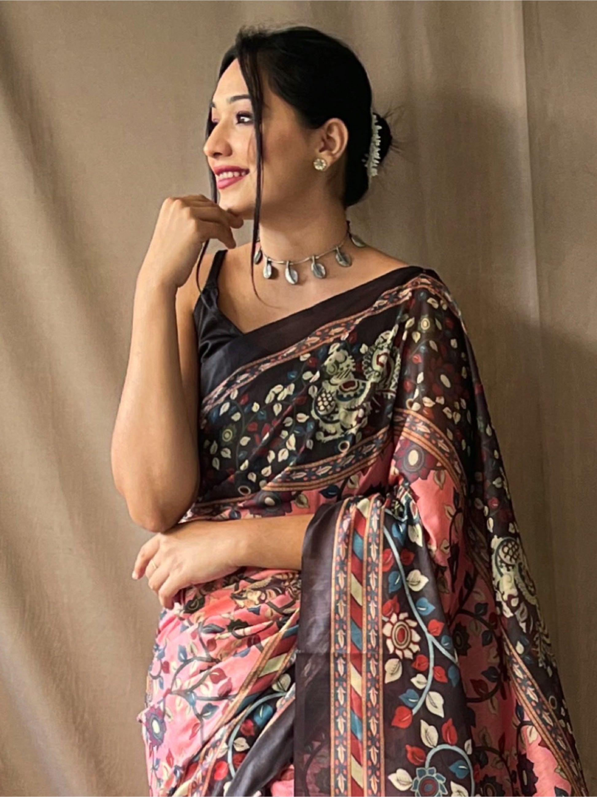 Gorgeous Pink Kalamkari Printed Cotton Festival Wear Saree With Blouse