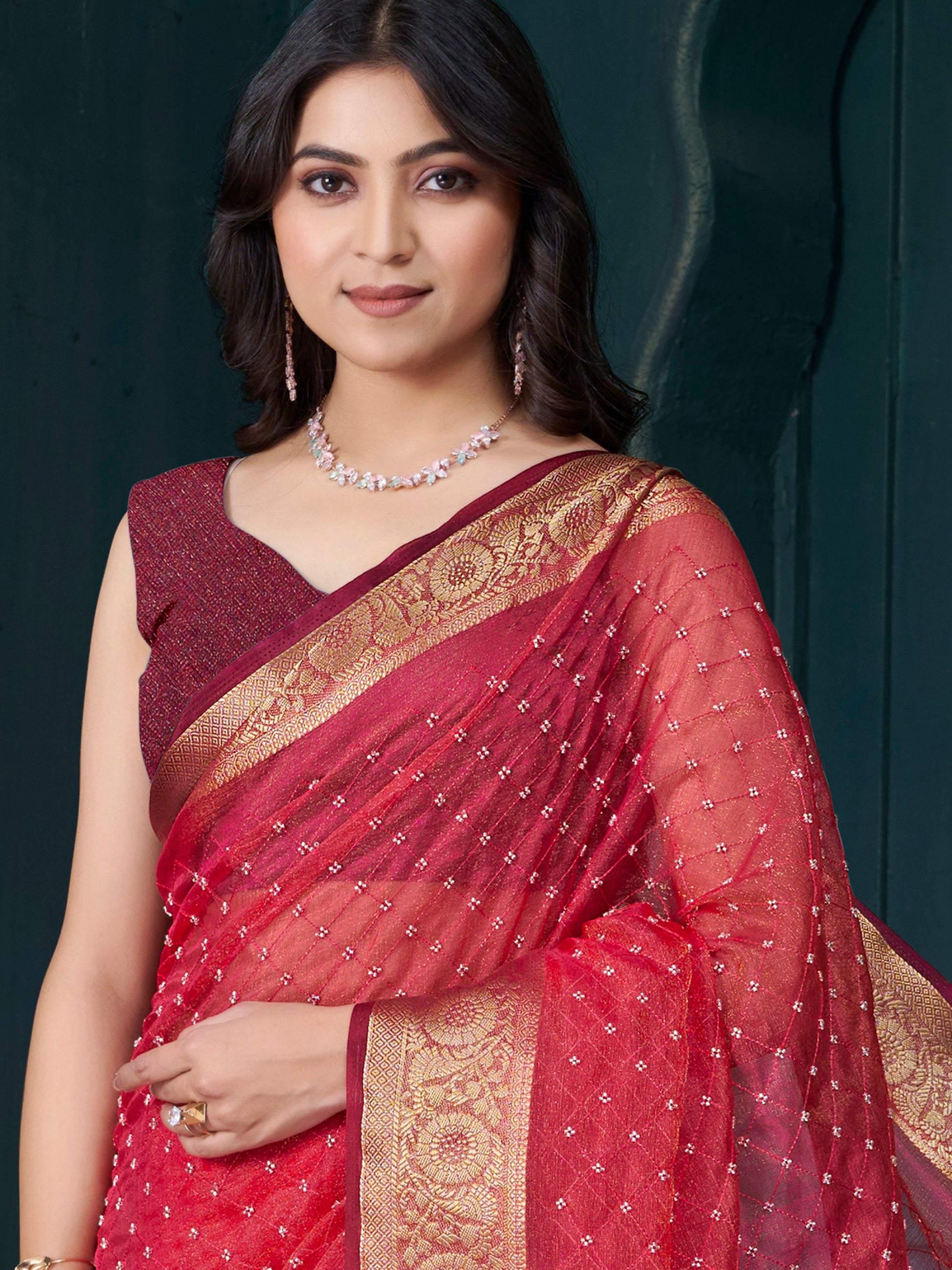 Alluring Red Bead Work Jacquard Festive Wear Saree With Blouse