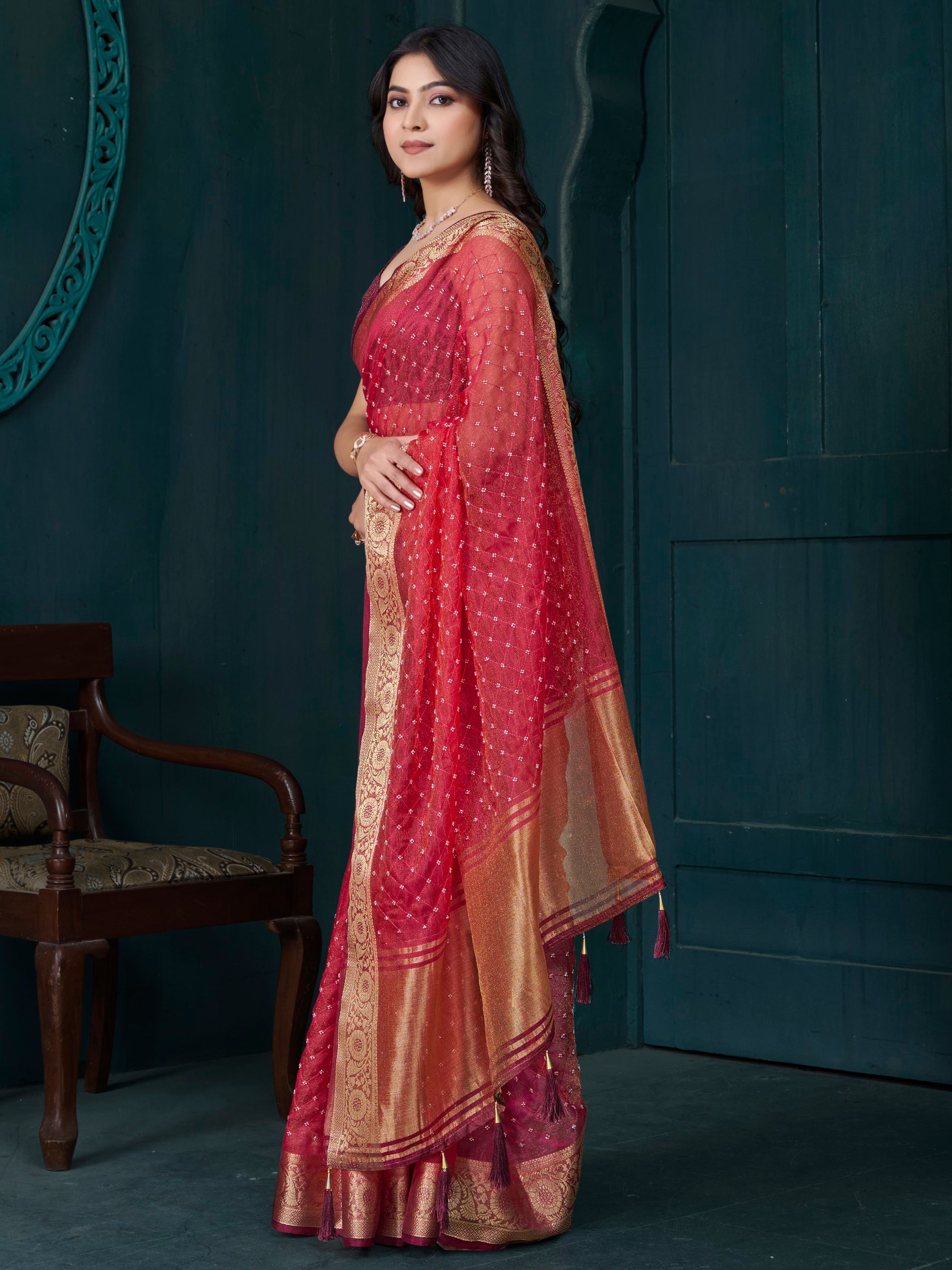 Alluring Red Bead Work Jacquard Festive Wear Saree With Blouse