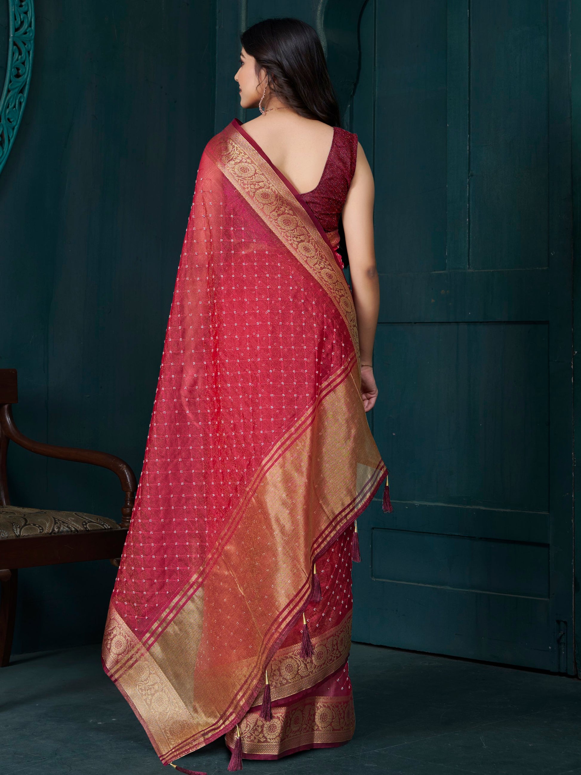 Alluring Red Bead Work Jacquard Festive Wear Saree With Blouse