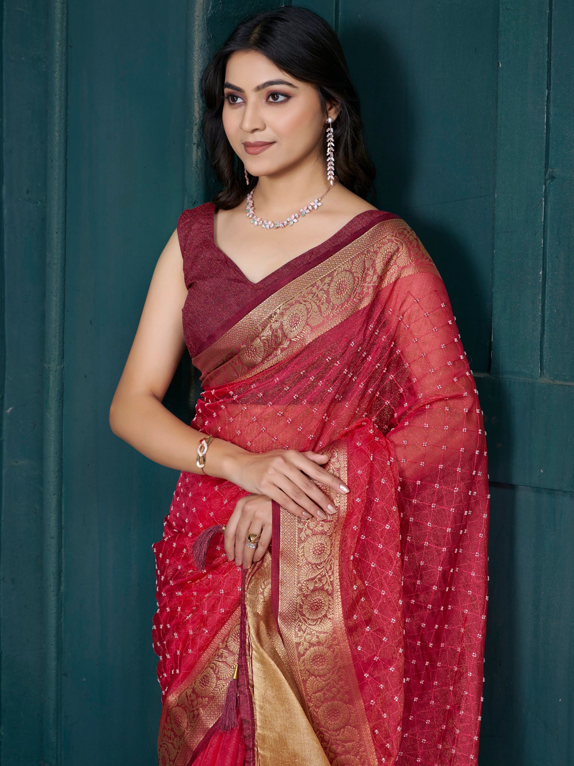 Alluring Red Bead Work Jacquard Festive Wear Saree With Blouse