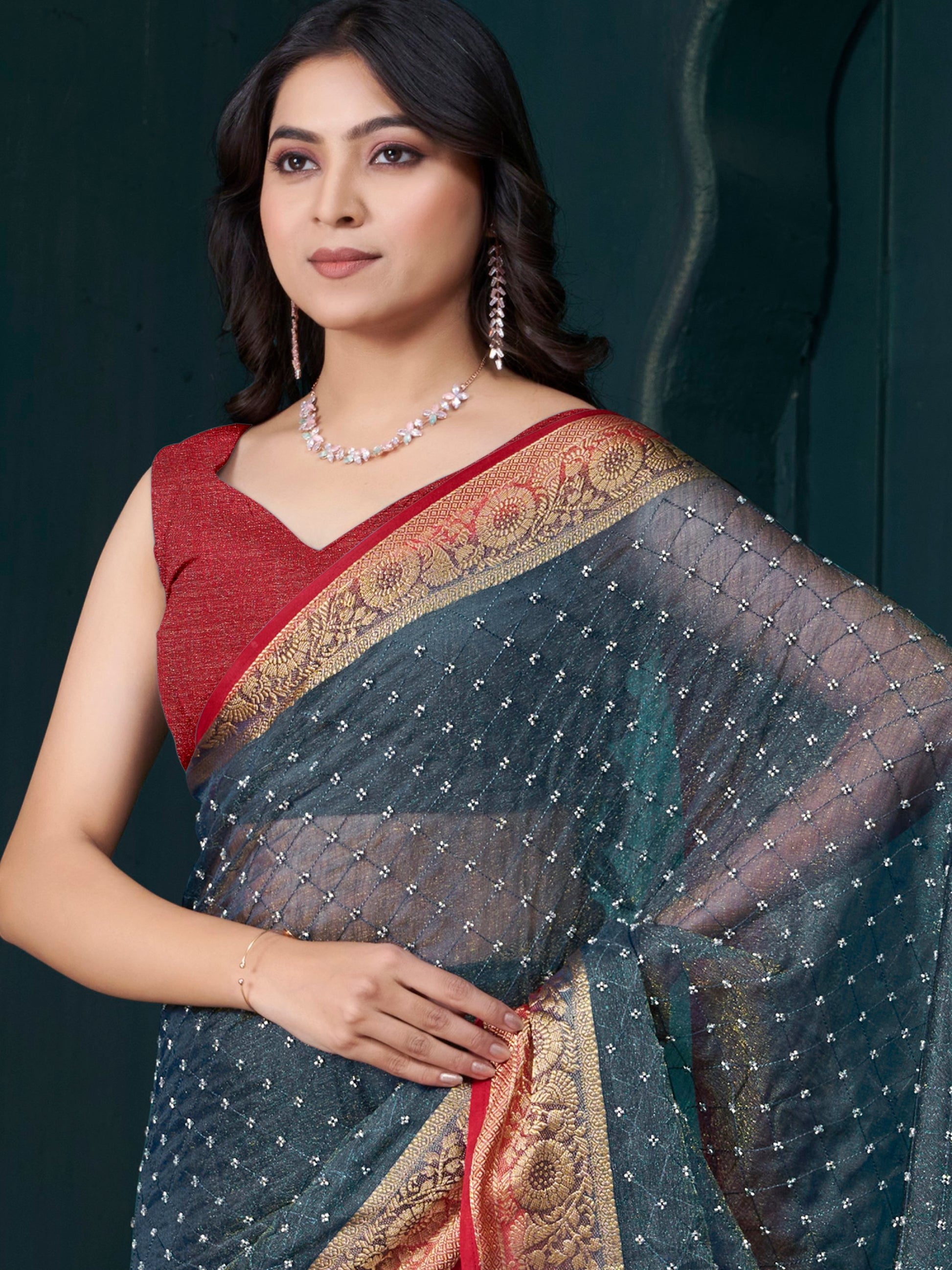 Amazing Grey Bead Work Jacquard Saree With Maroon Blouse