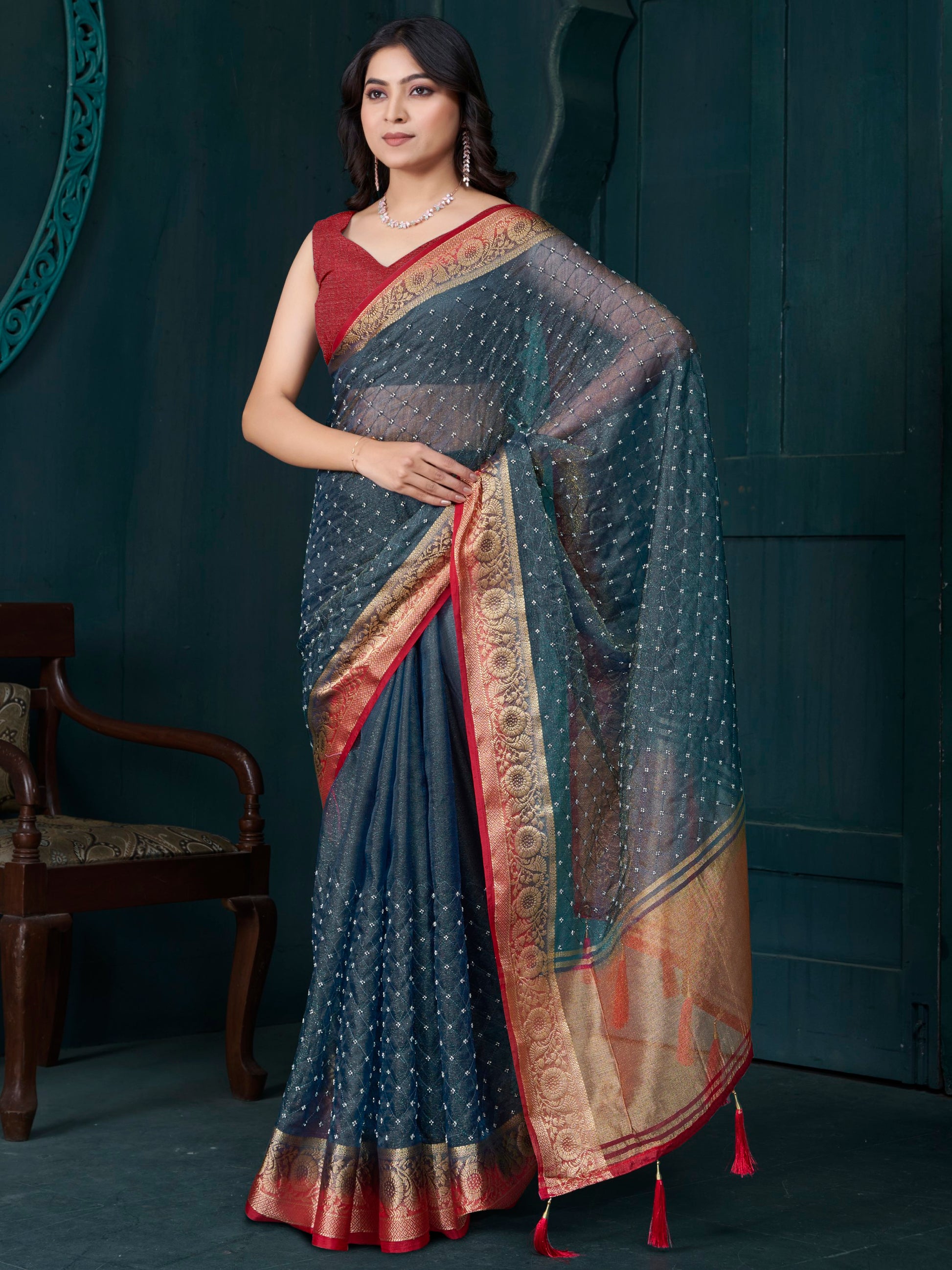 Amazing Grey Bead Work Jacquard Saree With Maroon Blouse