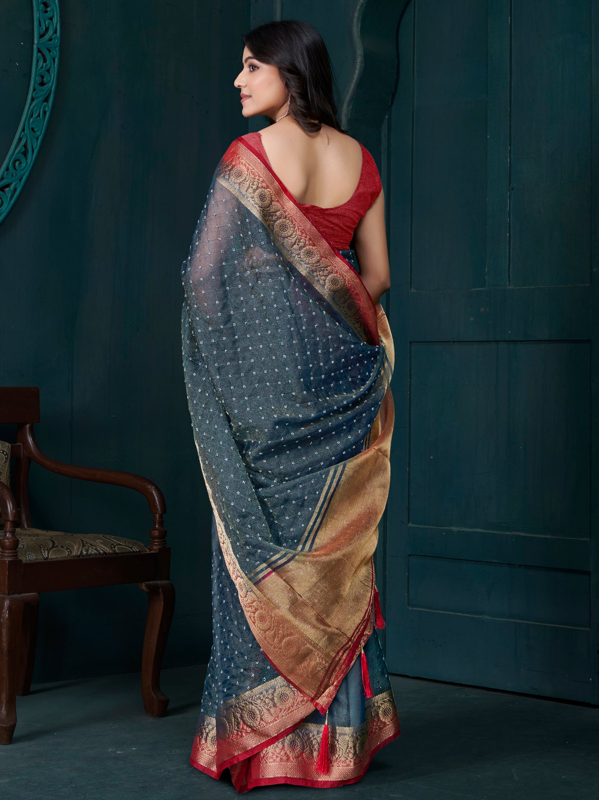 Amazing Grey Bead Work Jacquard Saree With Maroon Blouse
