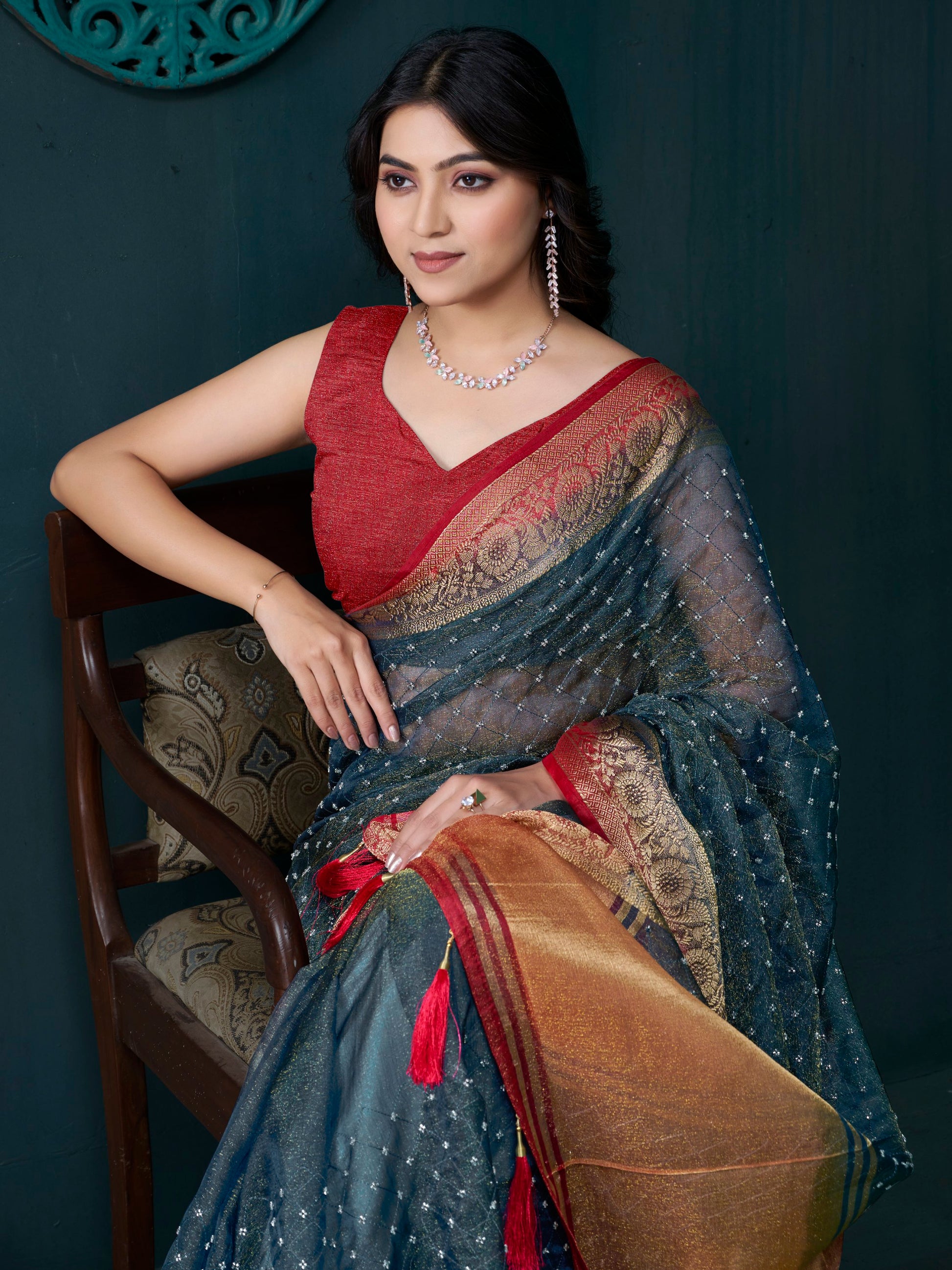 Amazing Grey Bead Work Jacquard Saree With Maroon Blouse