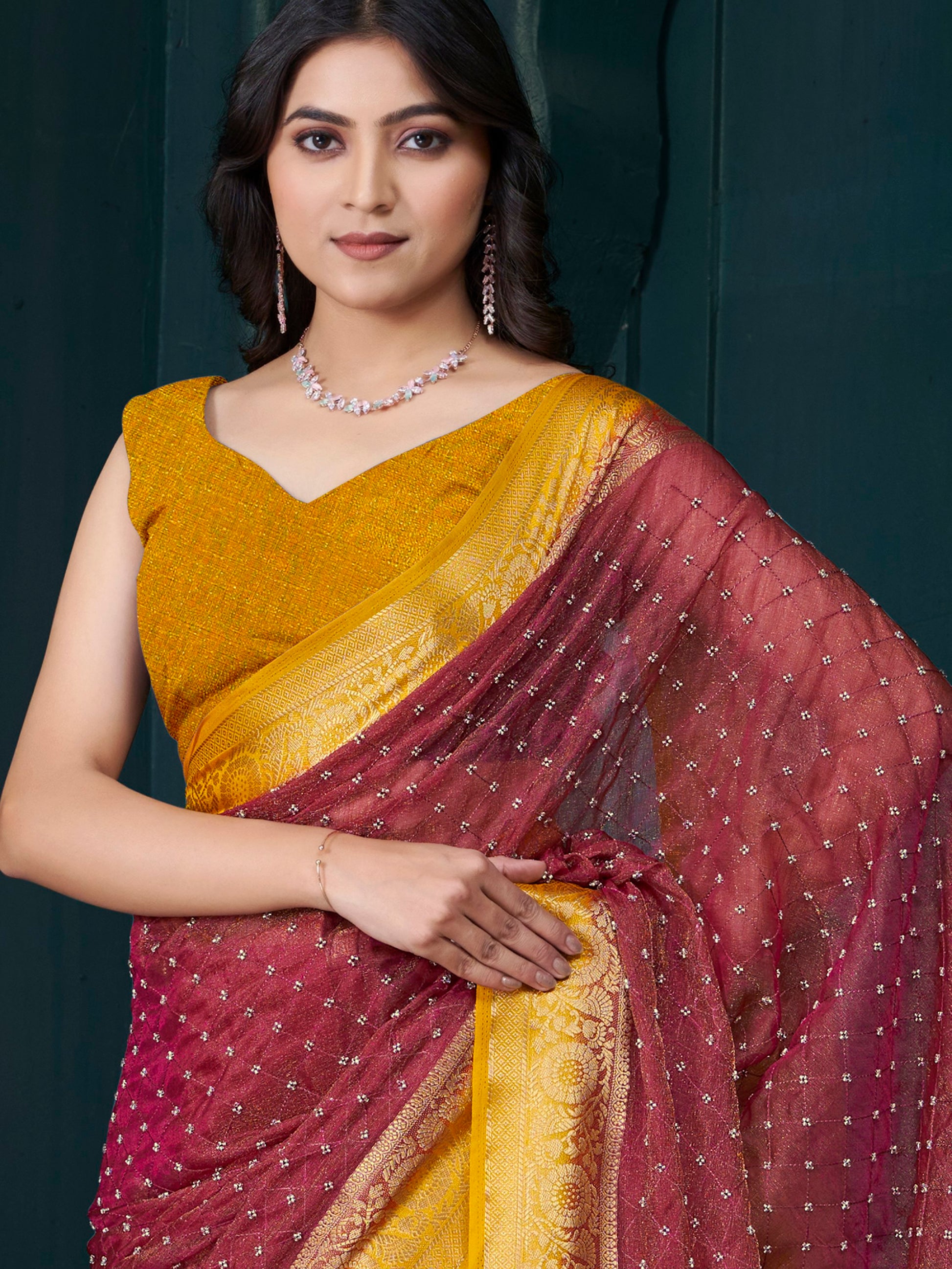 Gorgeous Maroon Bead Work Jacquard Traditional Saree With Blouse