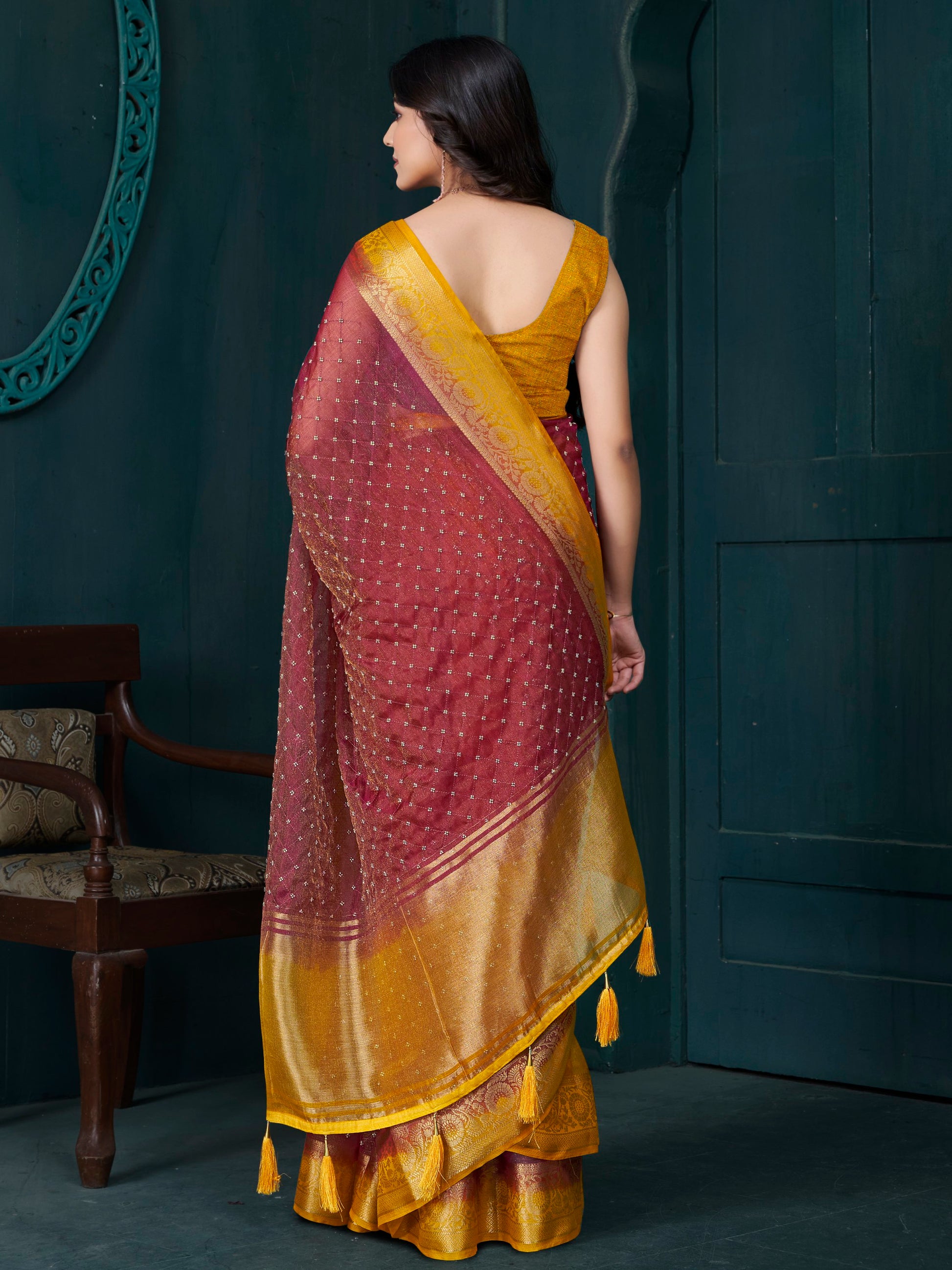 Gorgeous Maroon Bead Work Jacquard Traditional Saree With Blouse