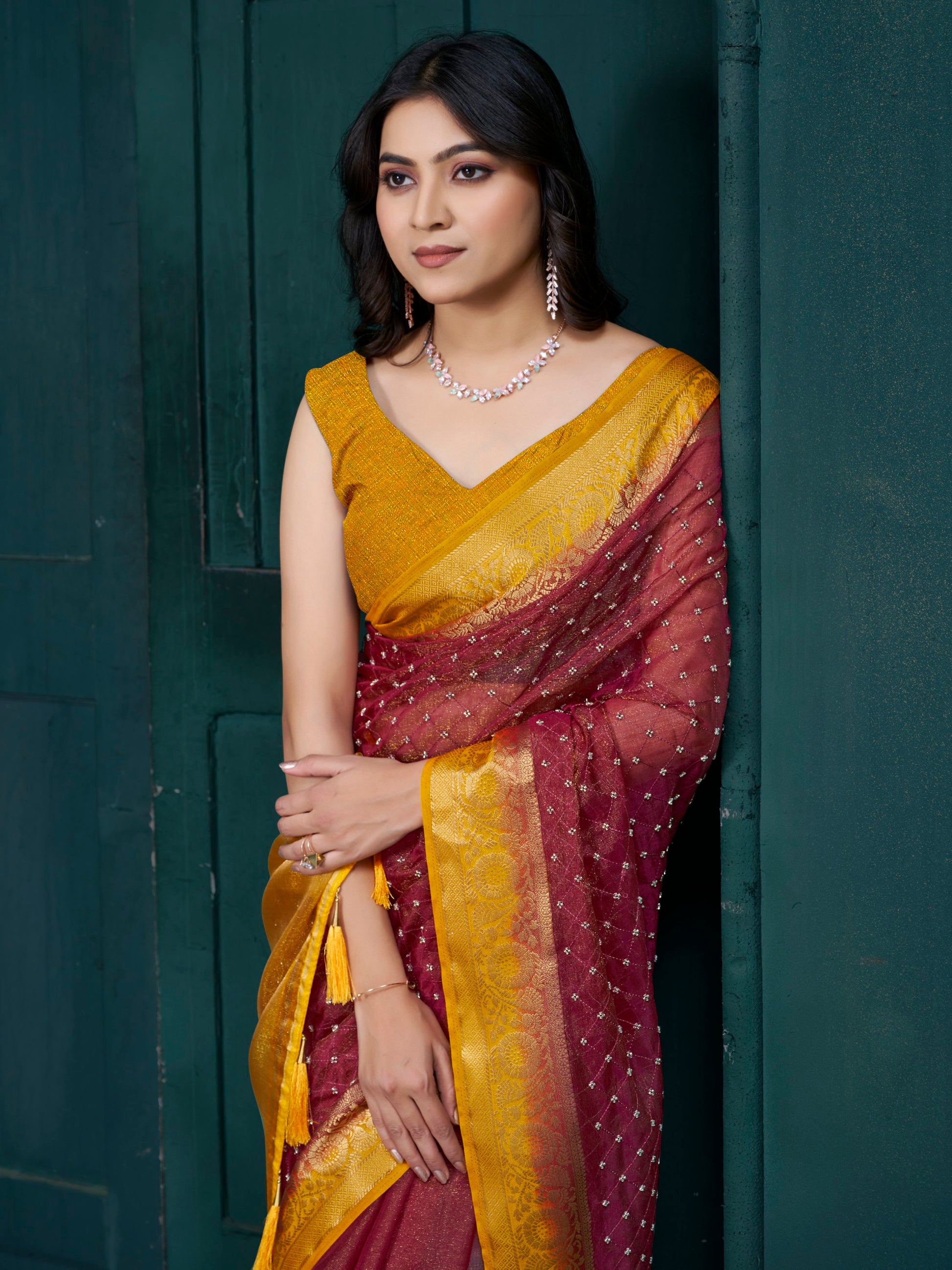 Gorgeous Maroon Bead Work Jacquard Traditional Saree With Blouse