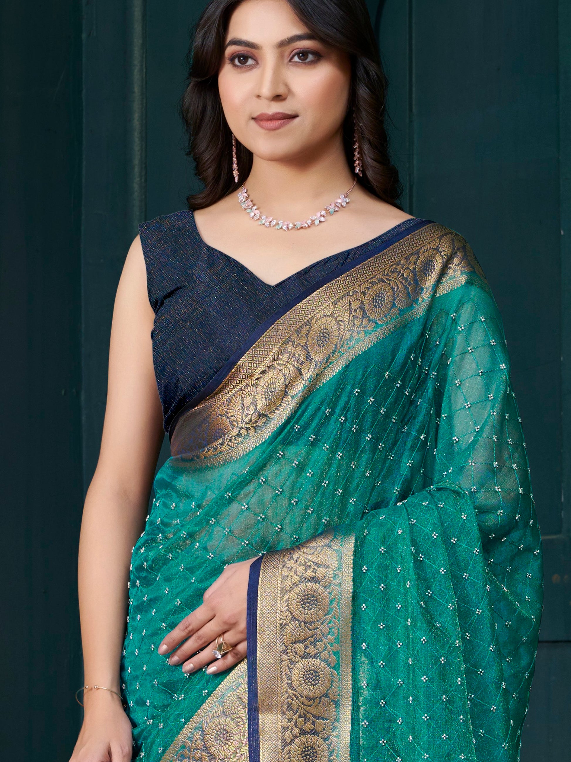 Wonderful Teal Green Bead Work Jacquard Festive Wear Saree With Blouse