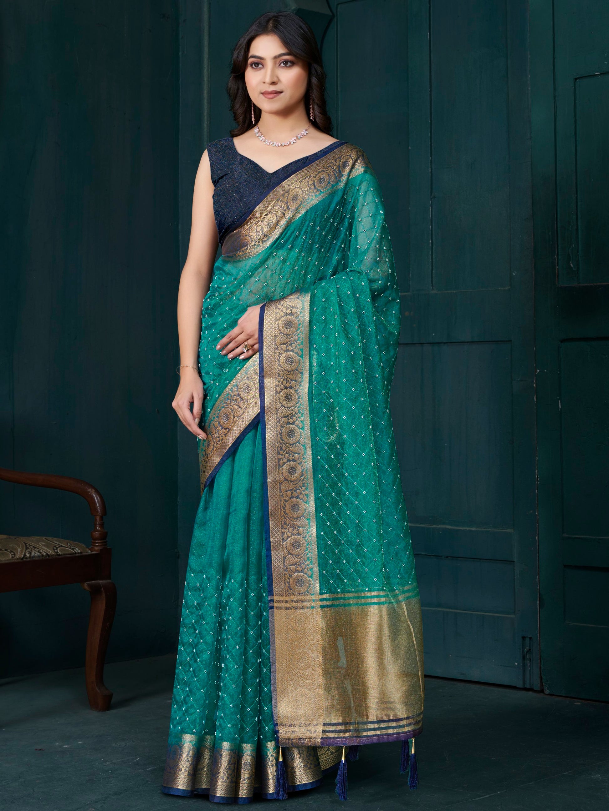 Wonderful Teal Green Bead Work Jacquard Festive Wear Saree With Blouse