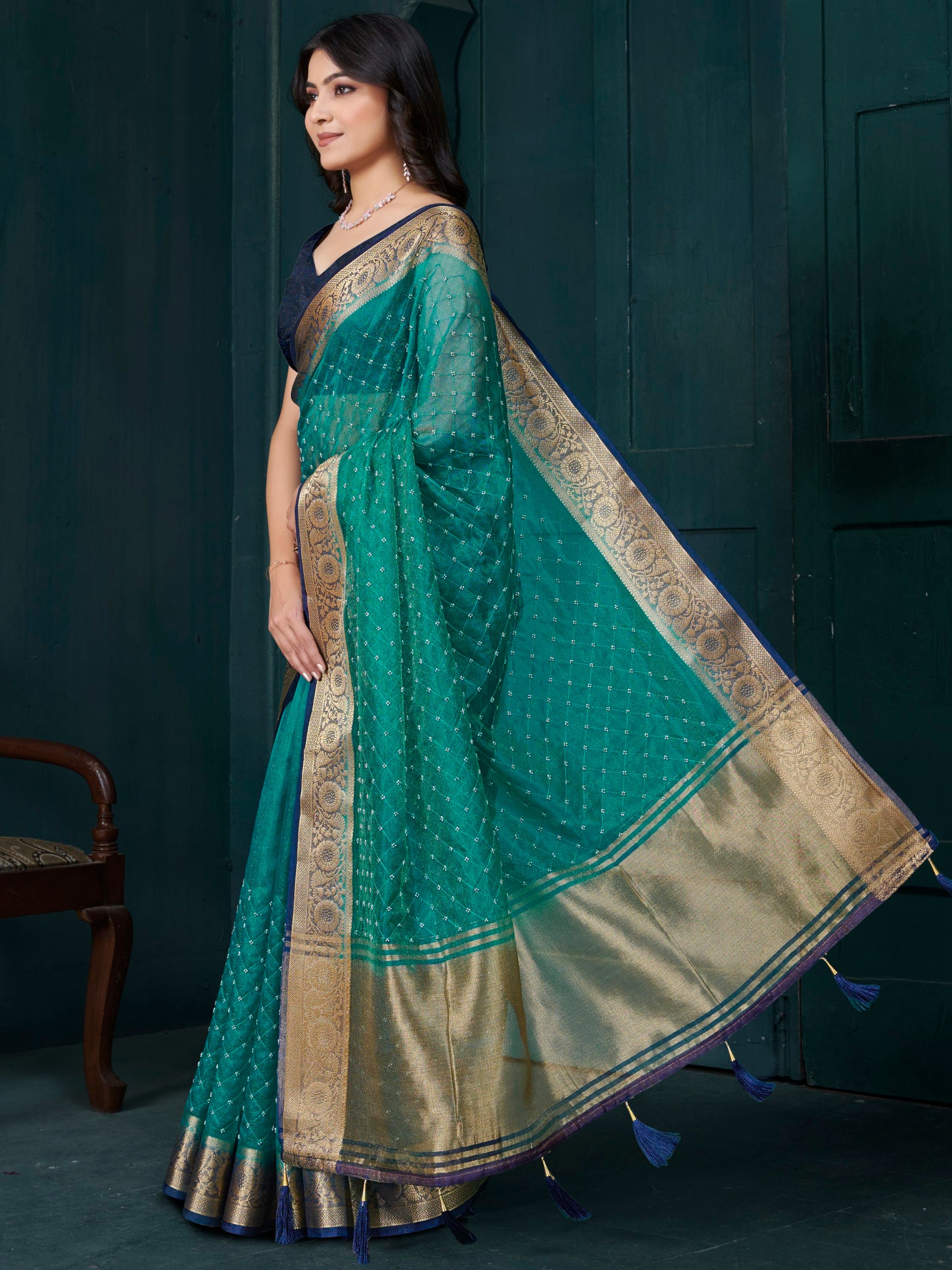Wonderful Teal Green Bead Work Jacquard Festive Wear Saree With Blouse