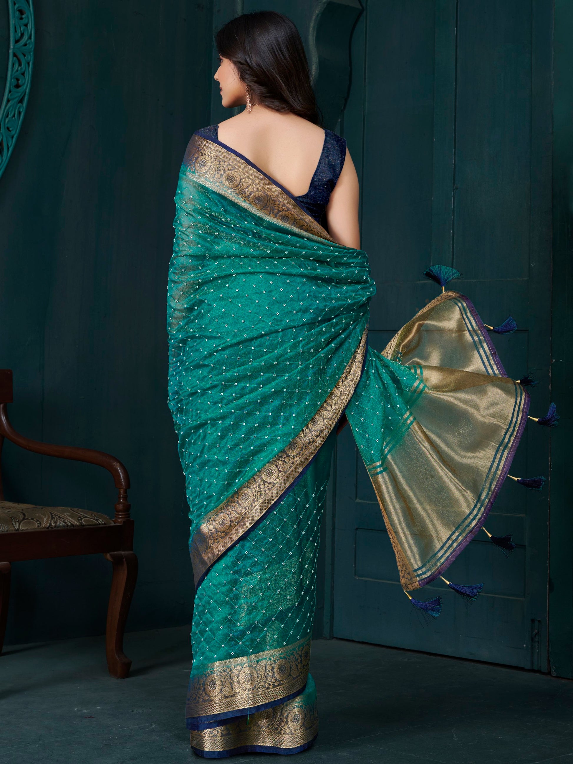 Wonderful Teal Green Bead Work Jacquard Festive Wear Saree With Blouse