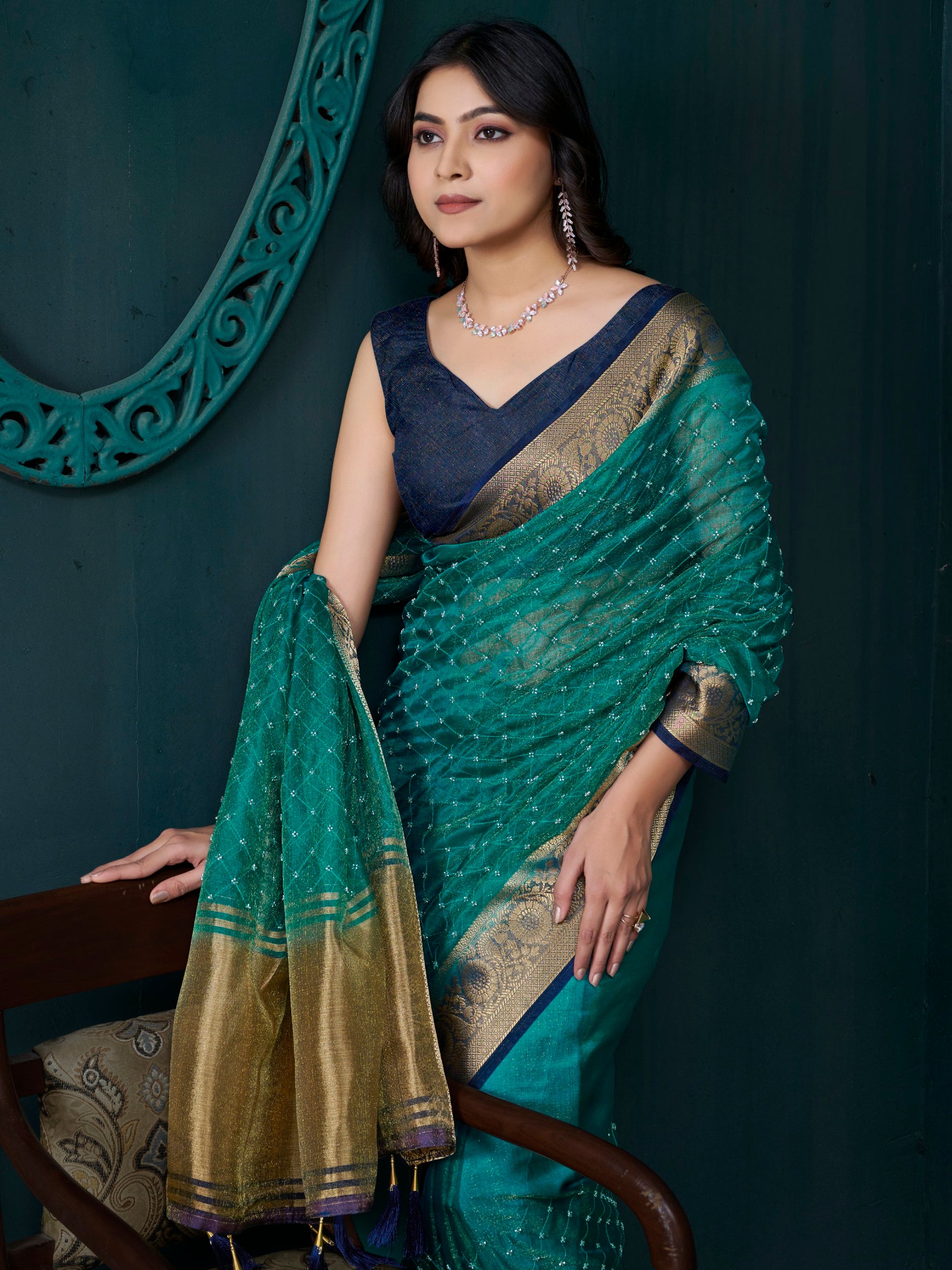 Wonderful Teal Green Bead Work Jacquard Festive Wear Saree With Blouse
