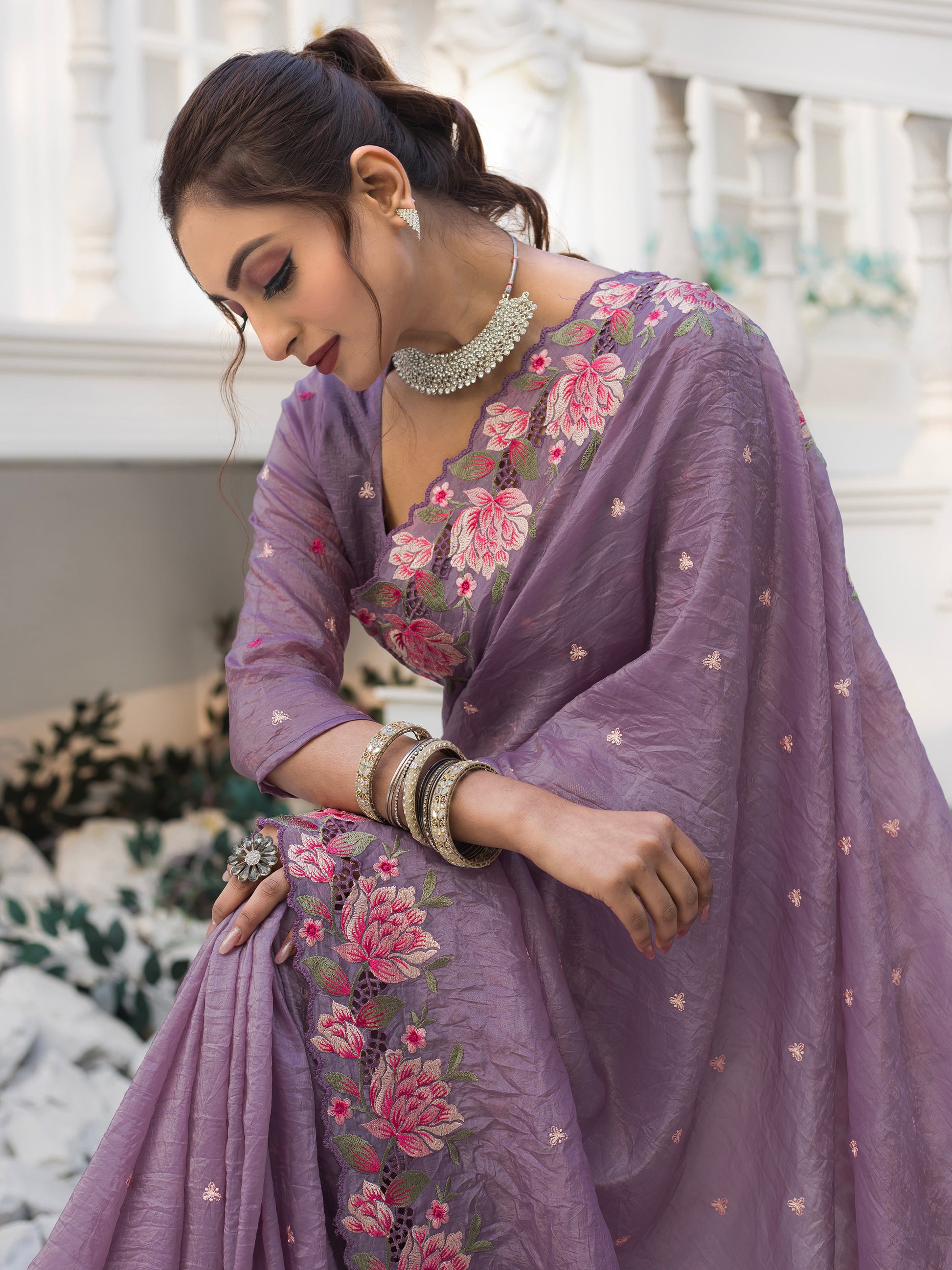 Marvelous Purple Embroidered Silk Party Wear Saree