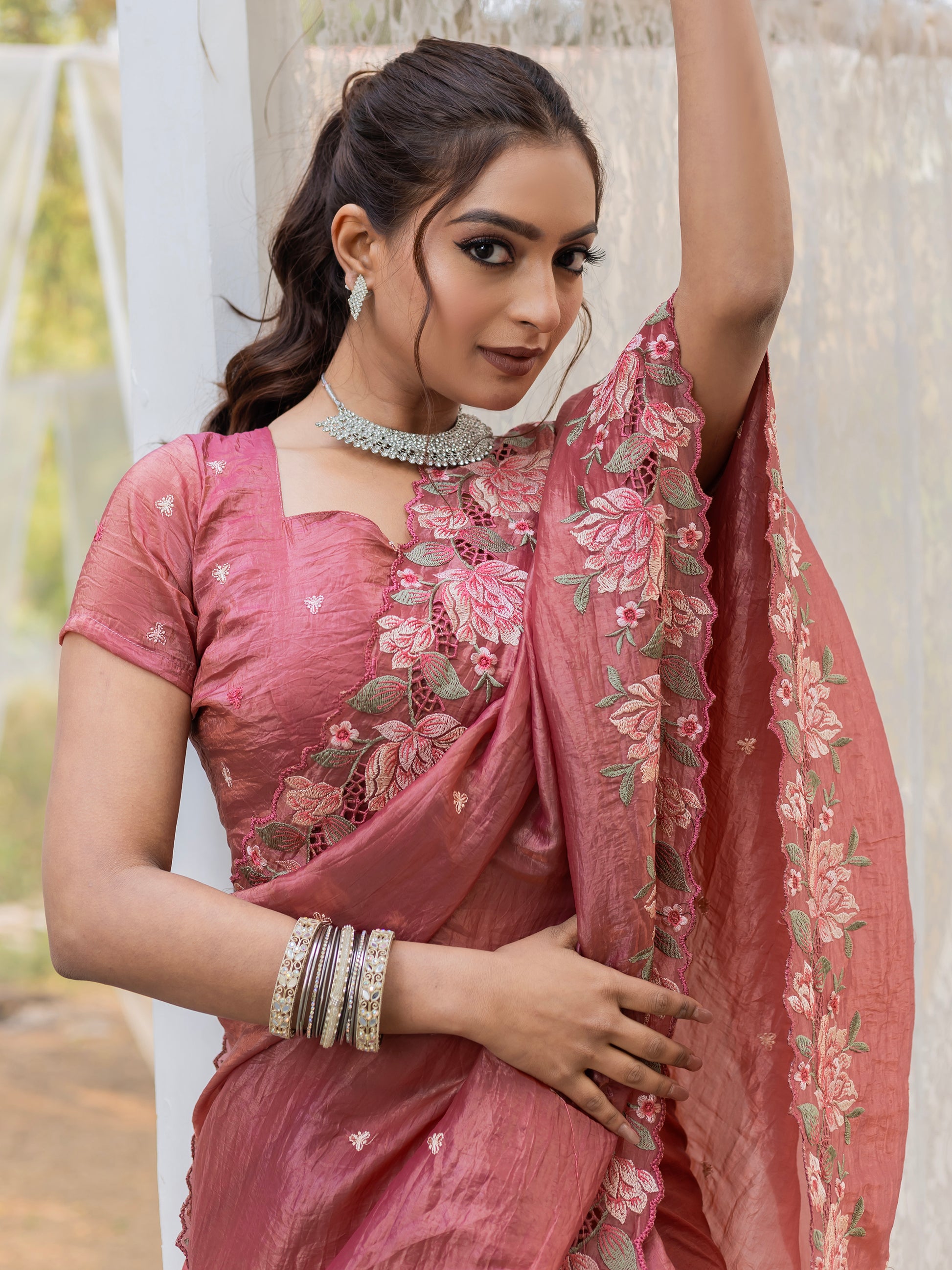 Wonderful Brown Embroidered Silk Festive Wear Saree
