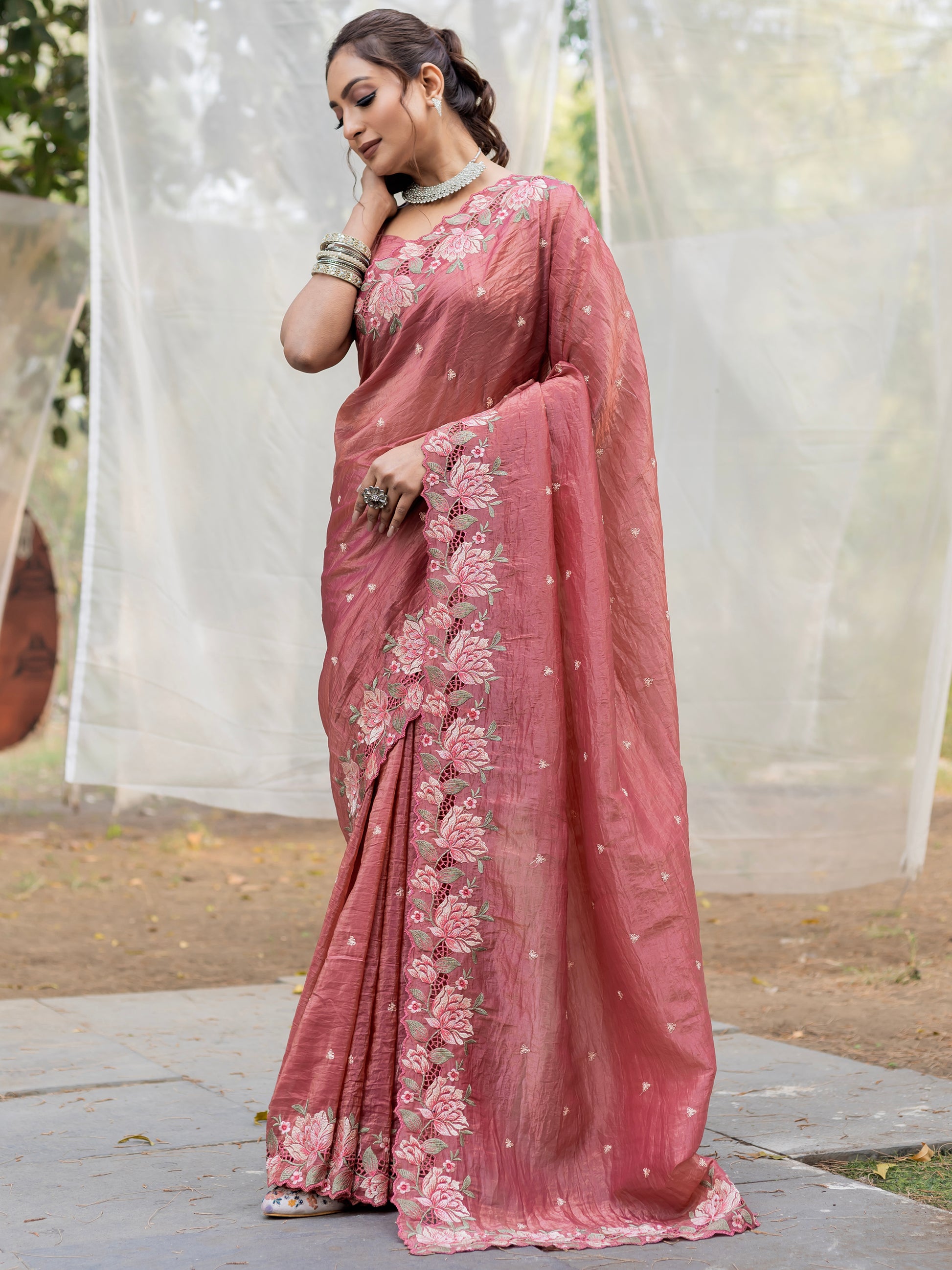 Wonderful Brown Embroidered Silk Festive Wear Saree