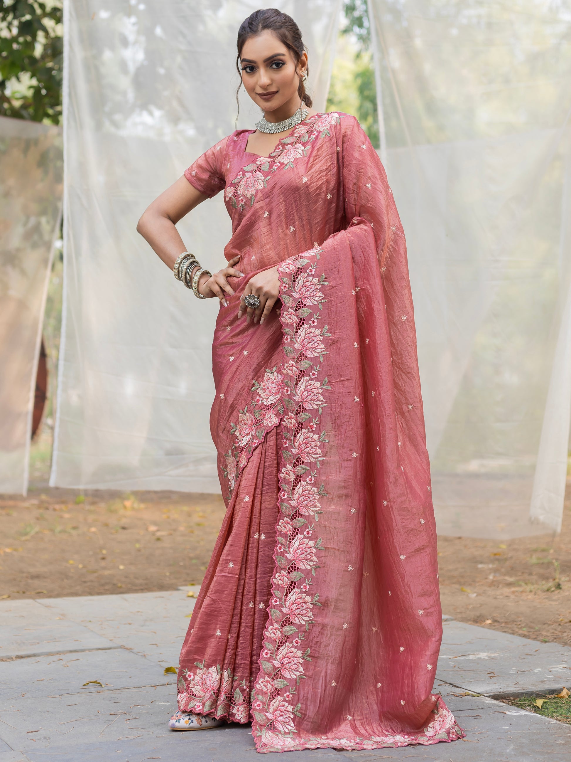 Wonderful Brown Embroidered Silk Festive Wear Saree