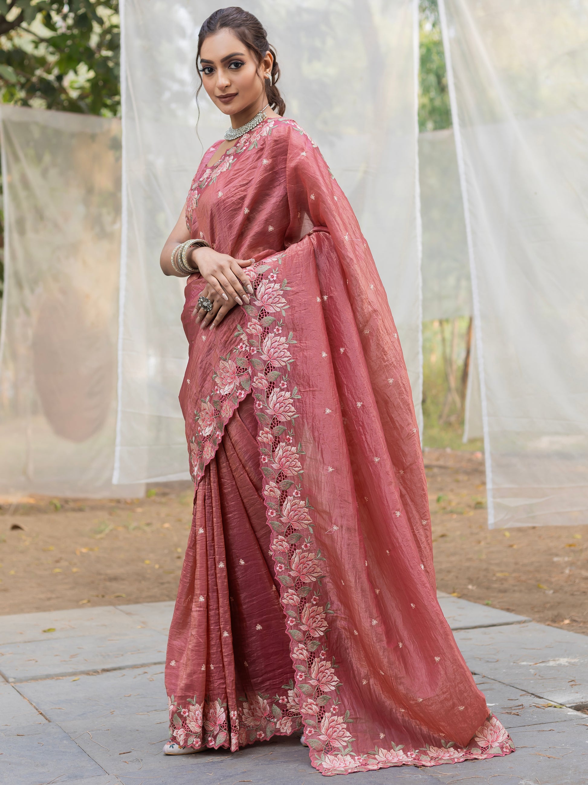 Wonderful Brown Embroidered Silk Festive Wear Sareec