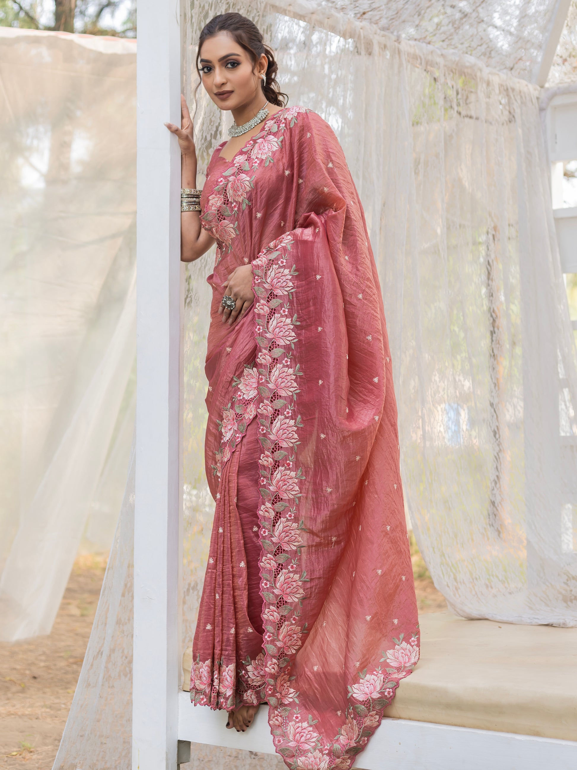 Wonderful Brown Embroidered Silk Festive Wear Saree