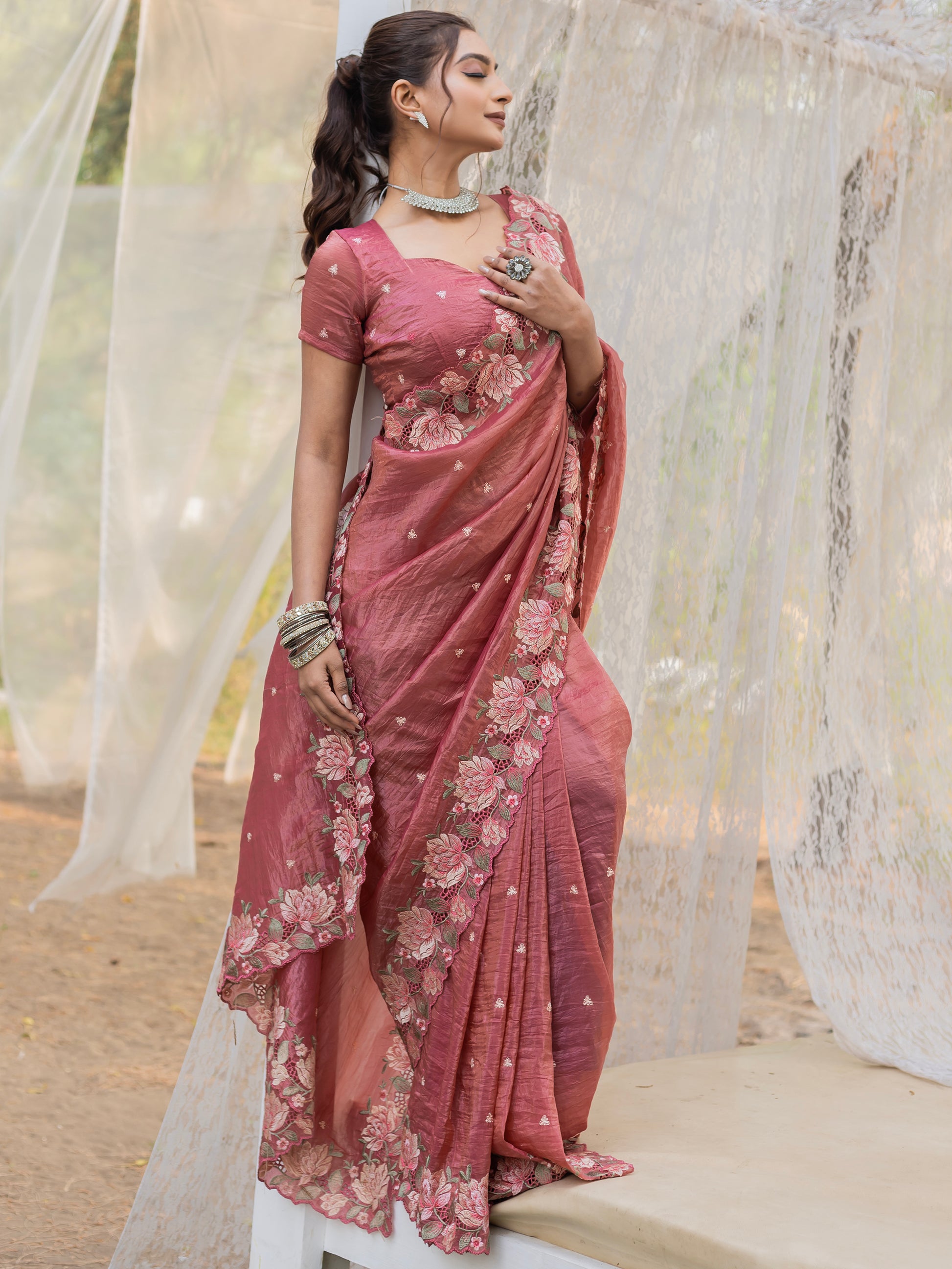 Wonderful Brown Embroidered Silk Festive Wear Saree