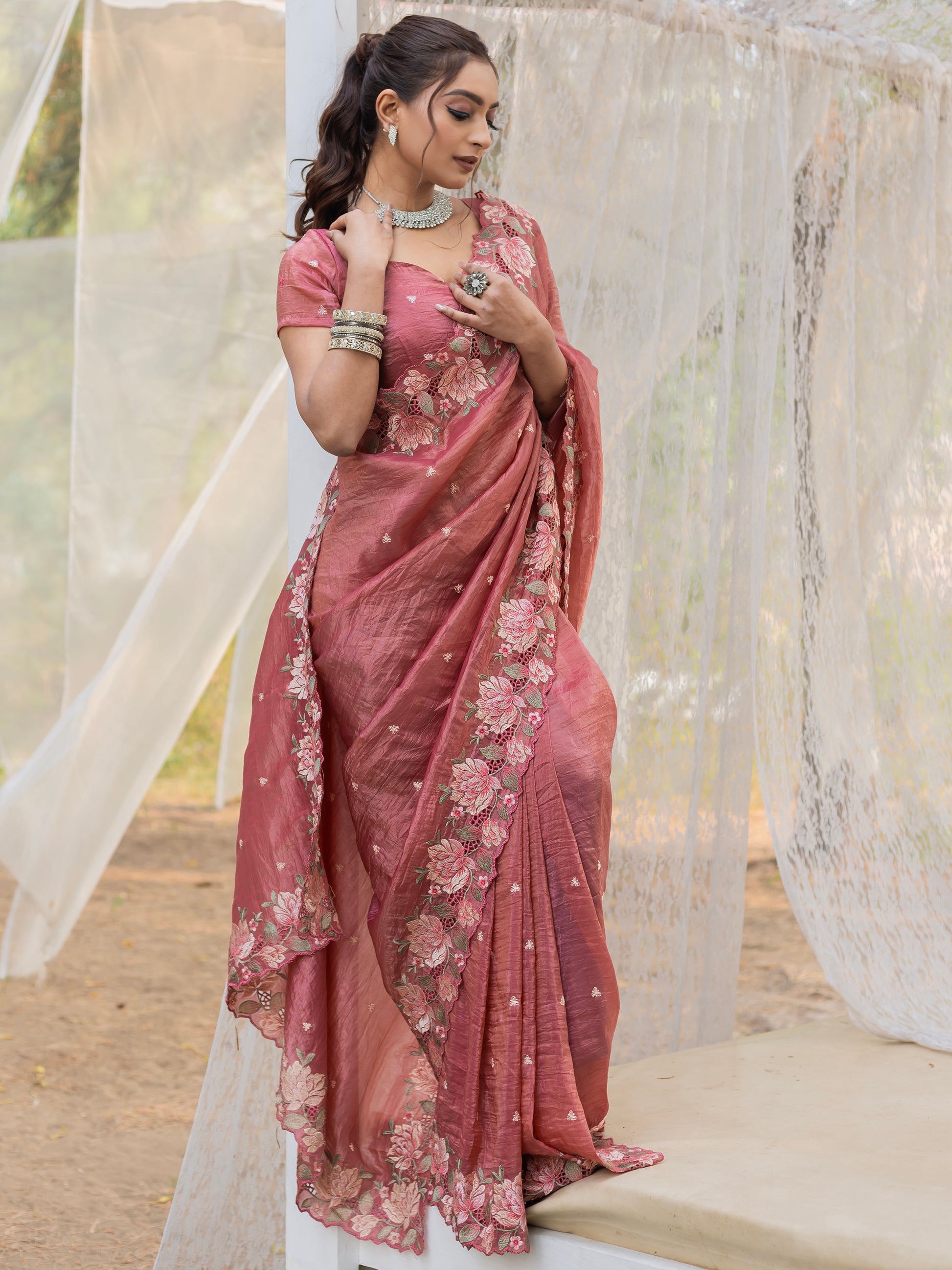 Wonderful Brown Embroidered Silk Festive Wear Saree
