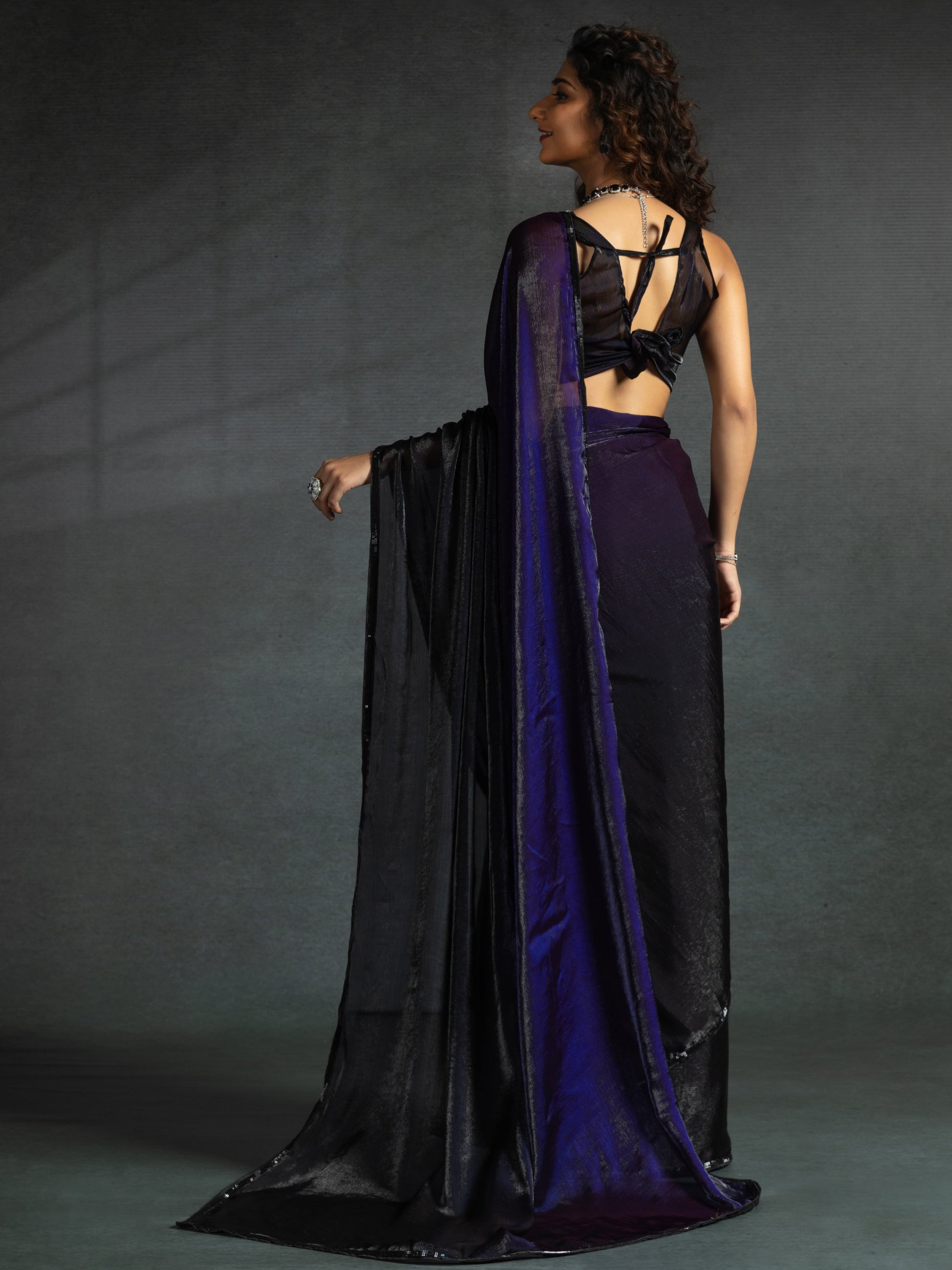 Stunning Purple Satin Party Wear Pre-Stitched Saree With Blouse