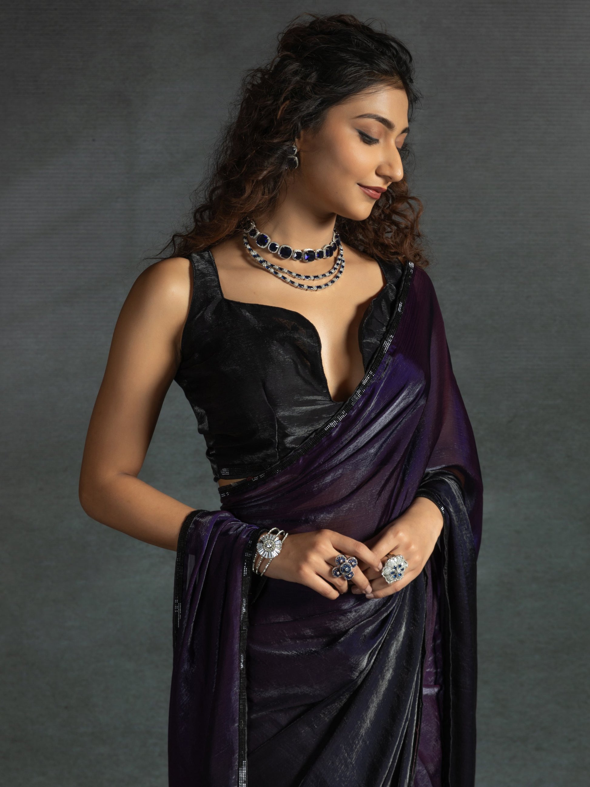 Stunning Purple Satin Party Wear Pre-Stitched Saree With Blouse