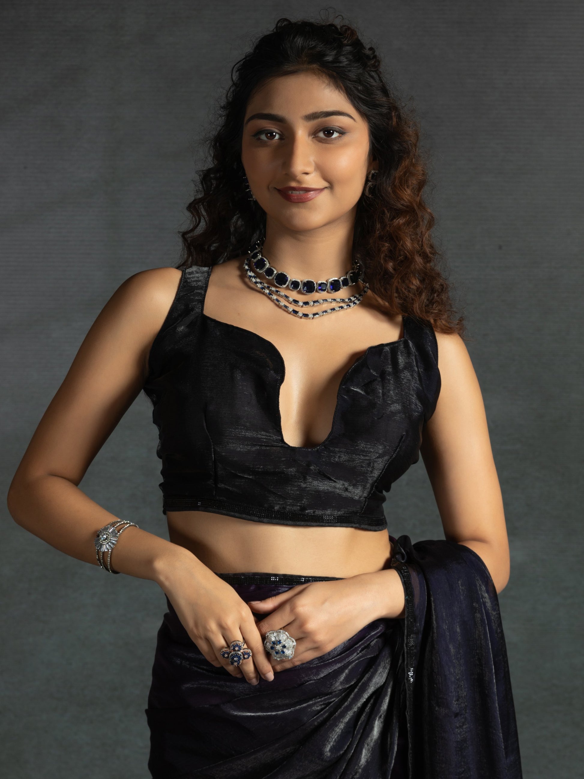 Stunning Purple Satin Party Wear Pre-Stitched Saree With Blouse