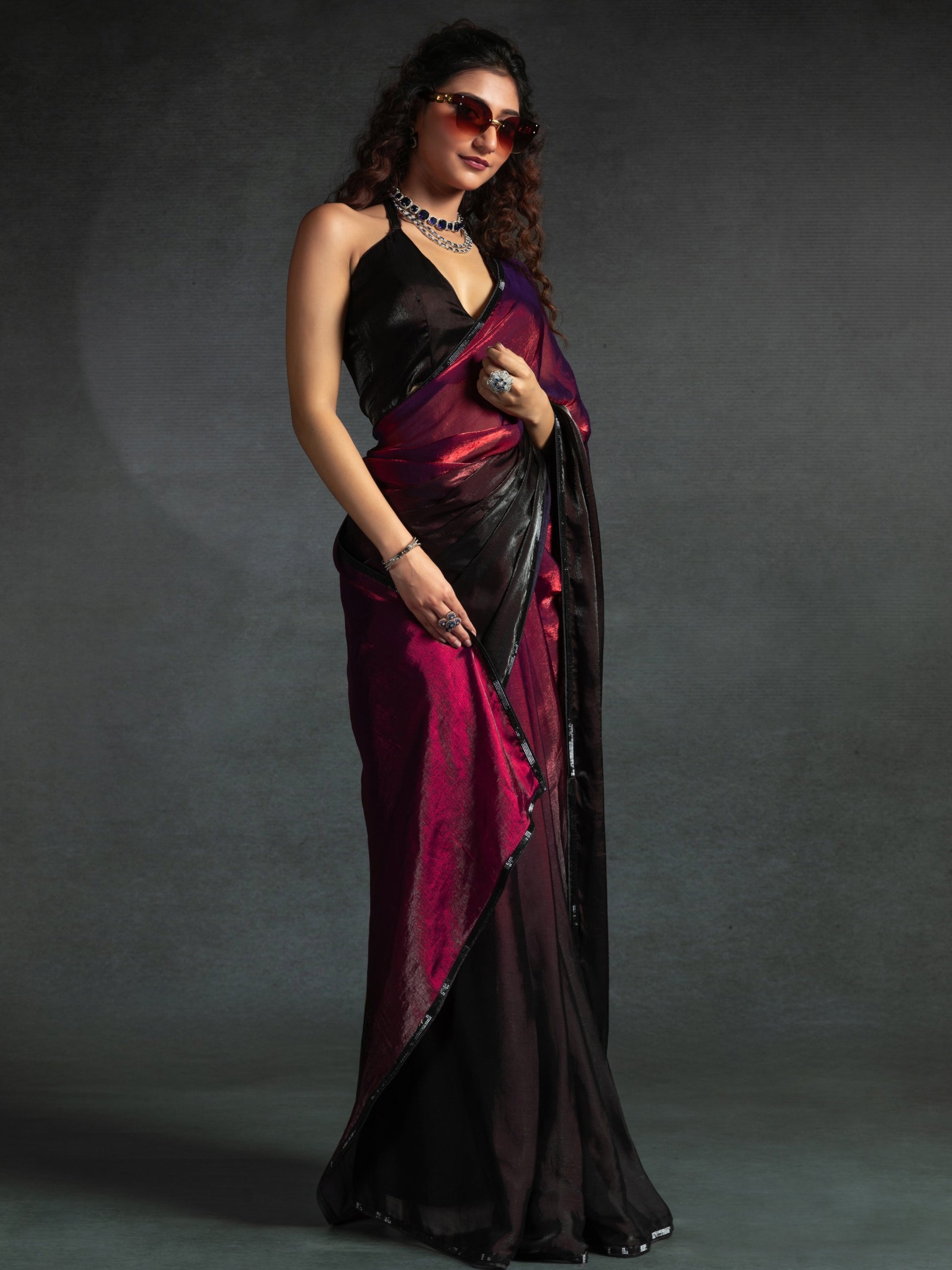 Dazzling Hot Pink Border Work Satin Festive Wear Pre-Stitched Saree