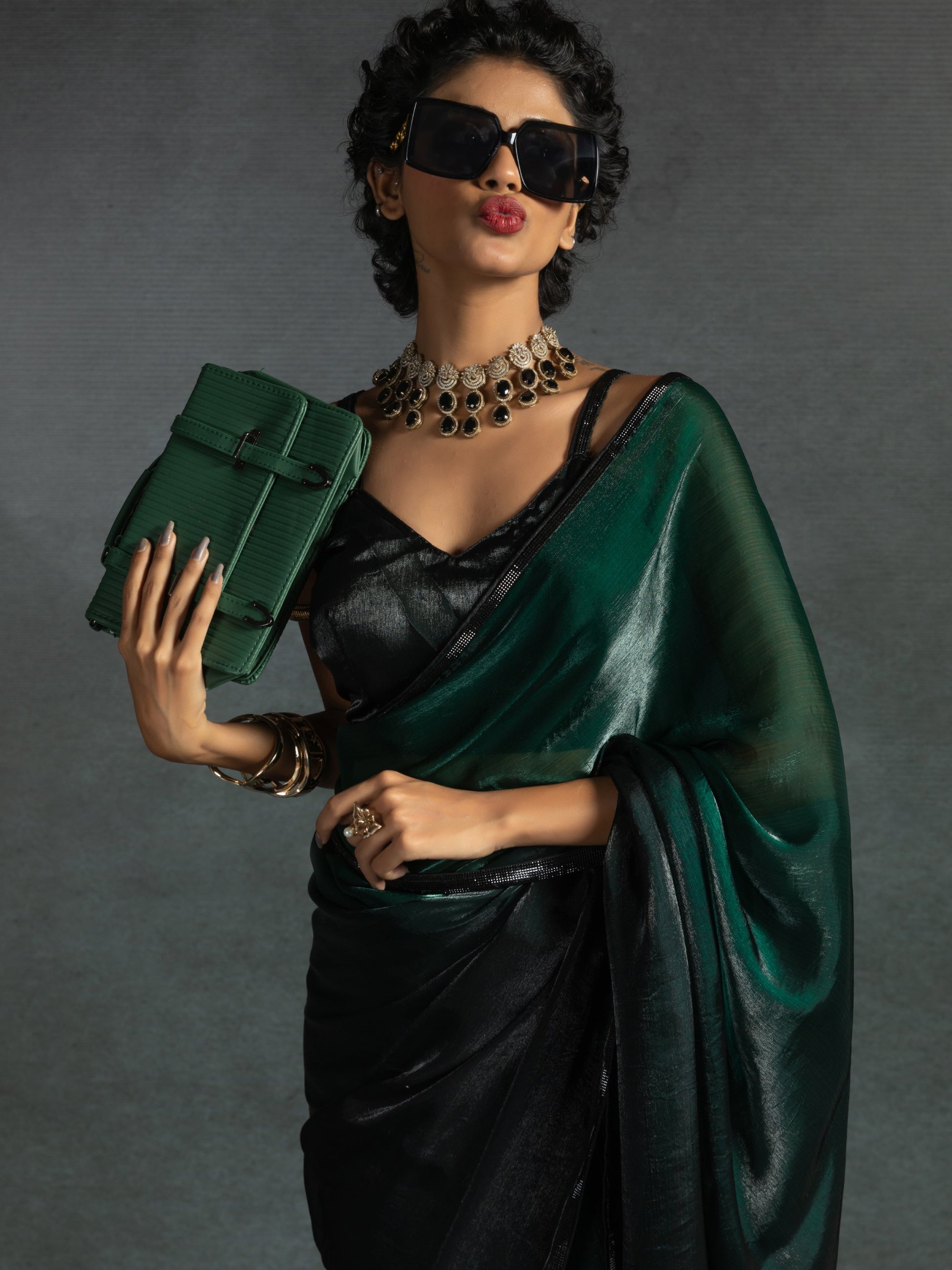 Charming Green Shaded Satin Designer Pre-Stitched Saree With Blouse