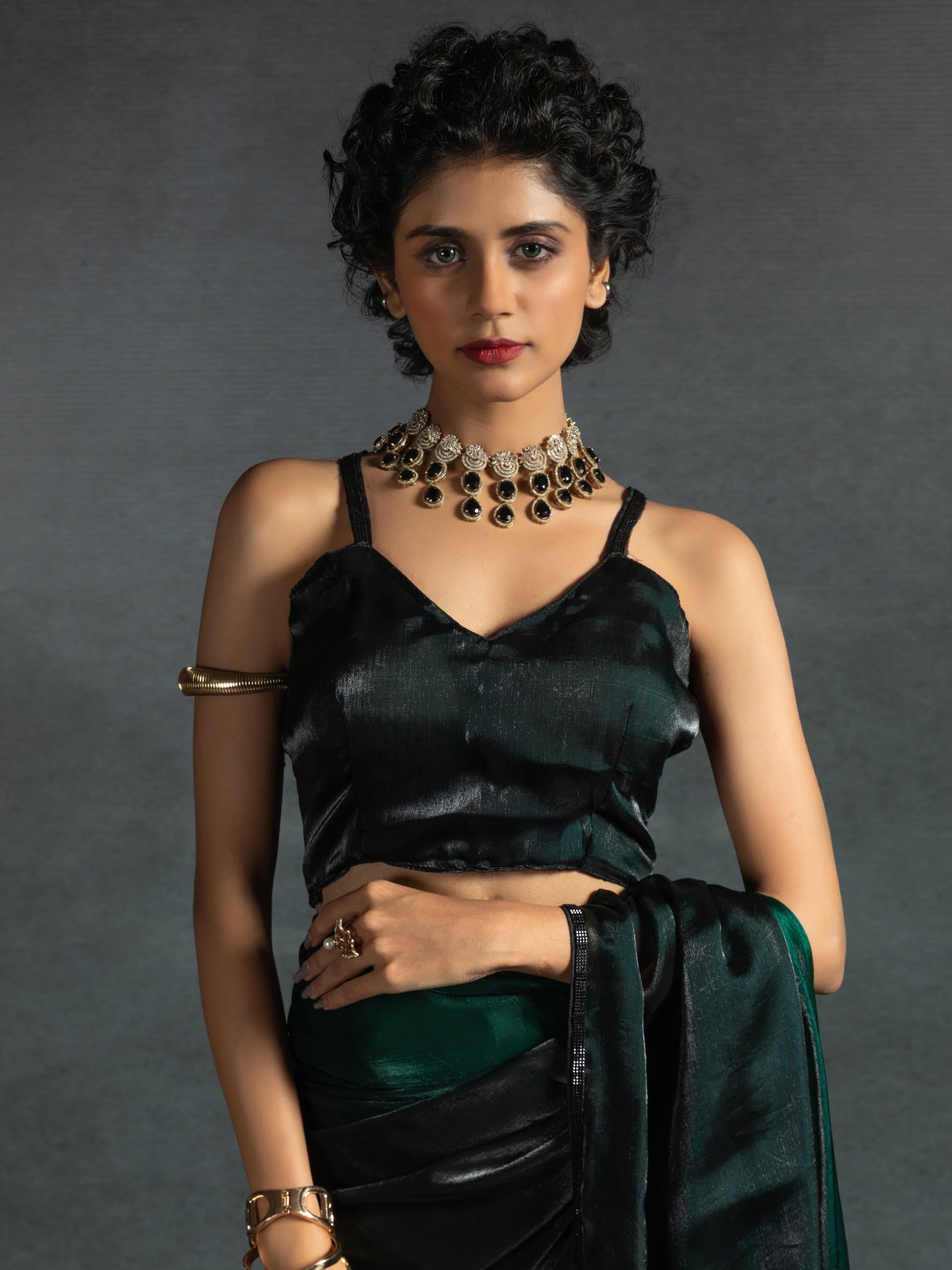 Charming Green Shaded Satin Designer Pre-Stitched Saree With Blouse
