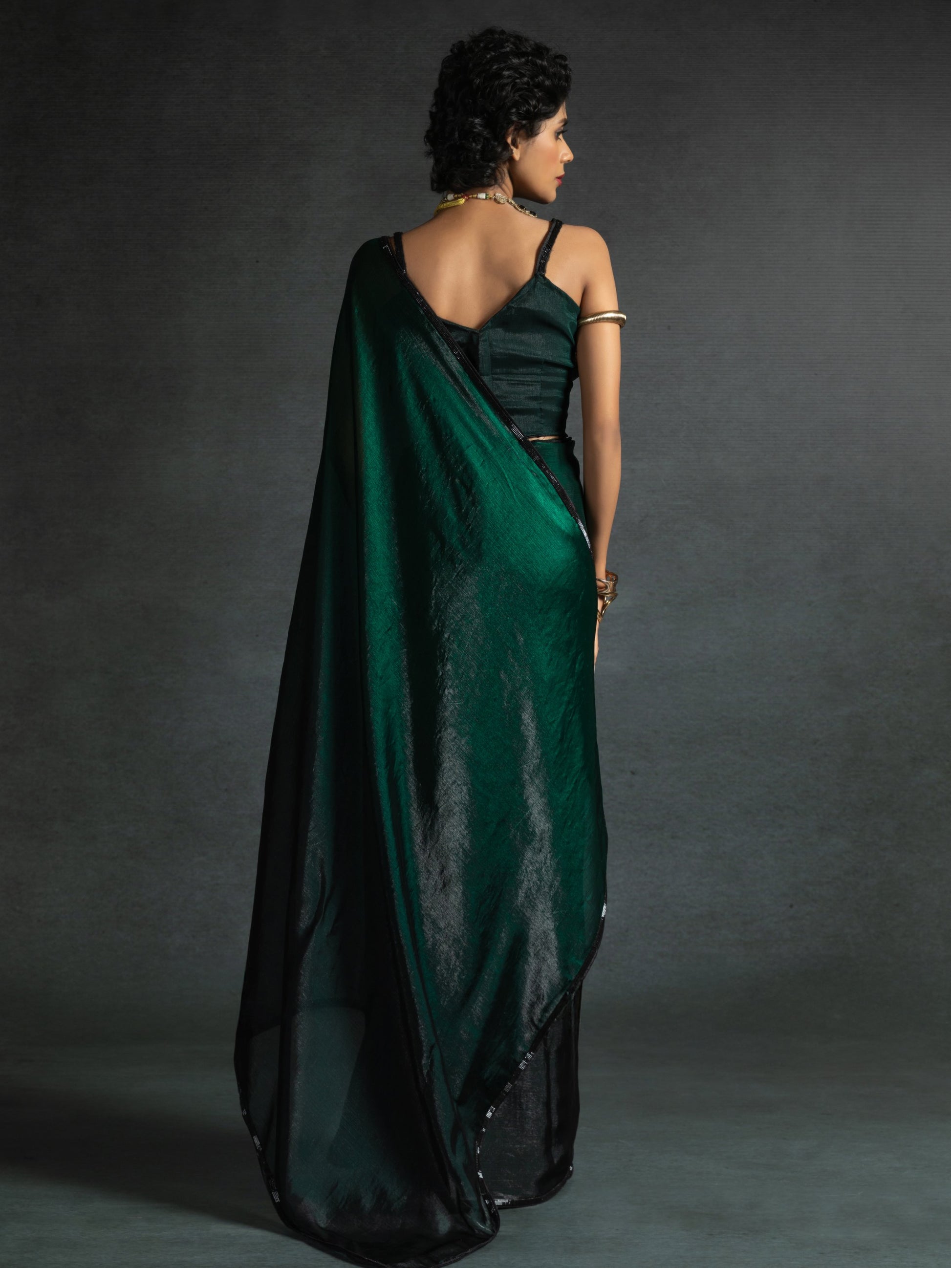 Charming Green Shaded Satin Designer Pre-Stitched Saree With Blouse