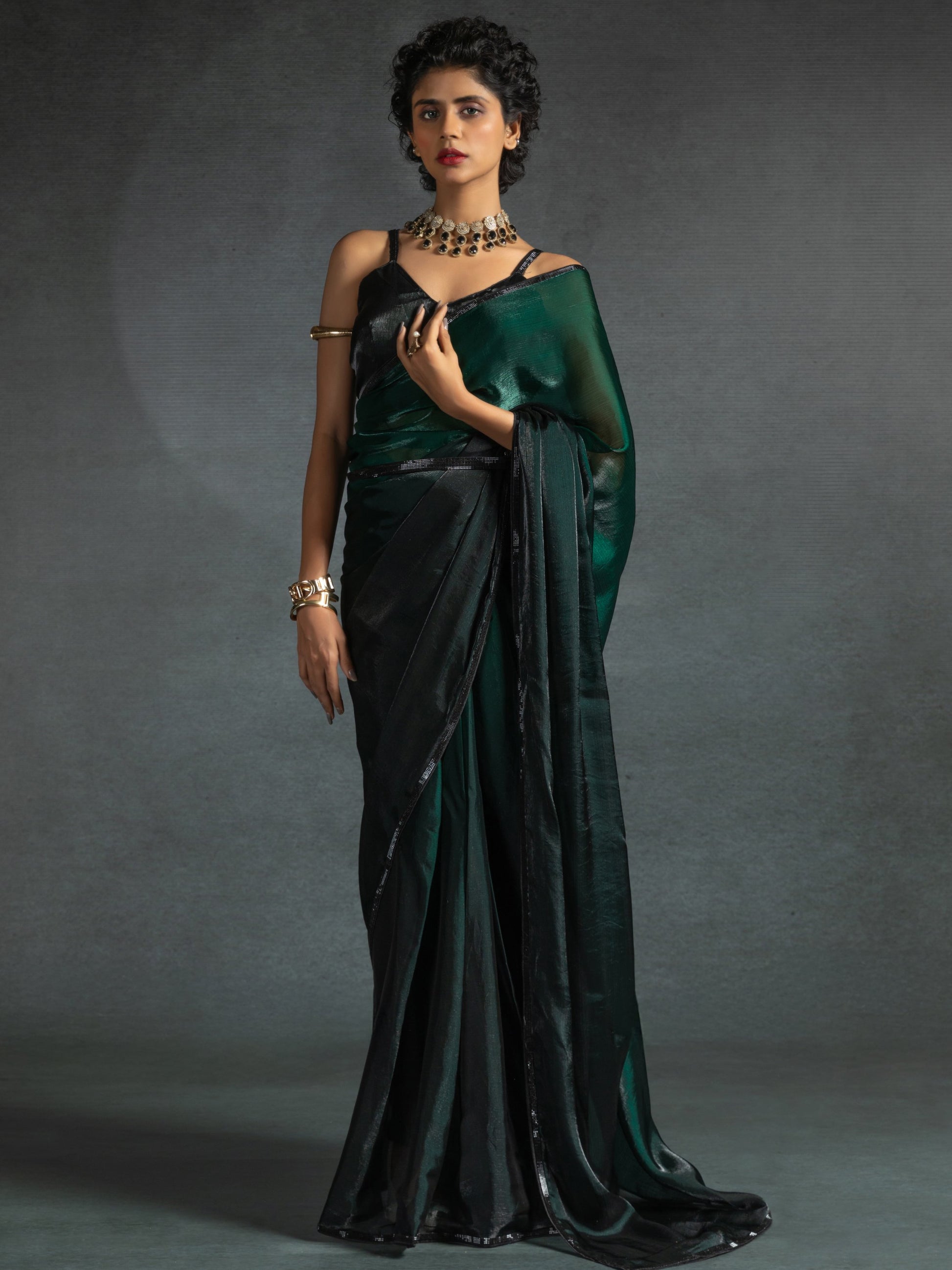 Charming Green Shaded Satin Designer Pre-Stitched Saree With Blouse