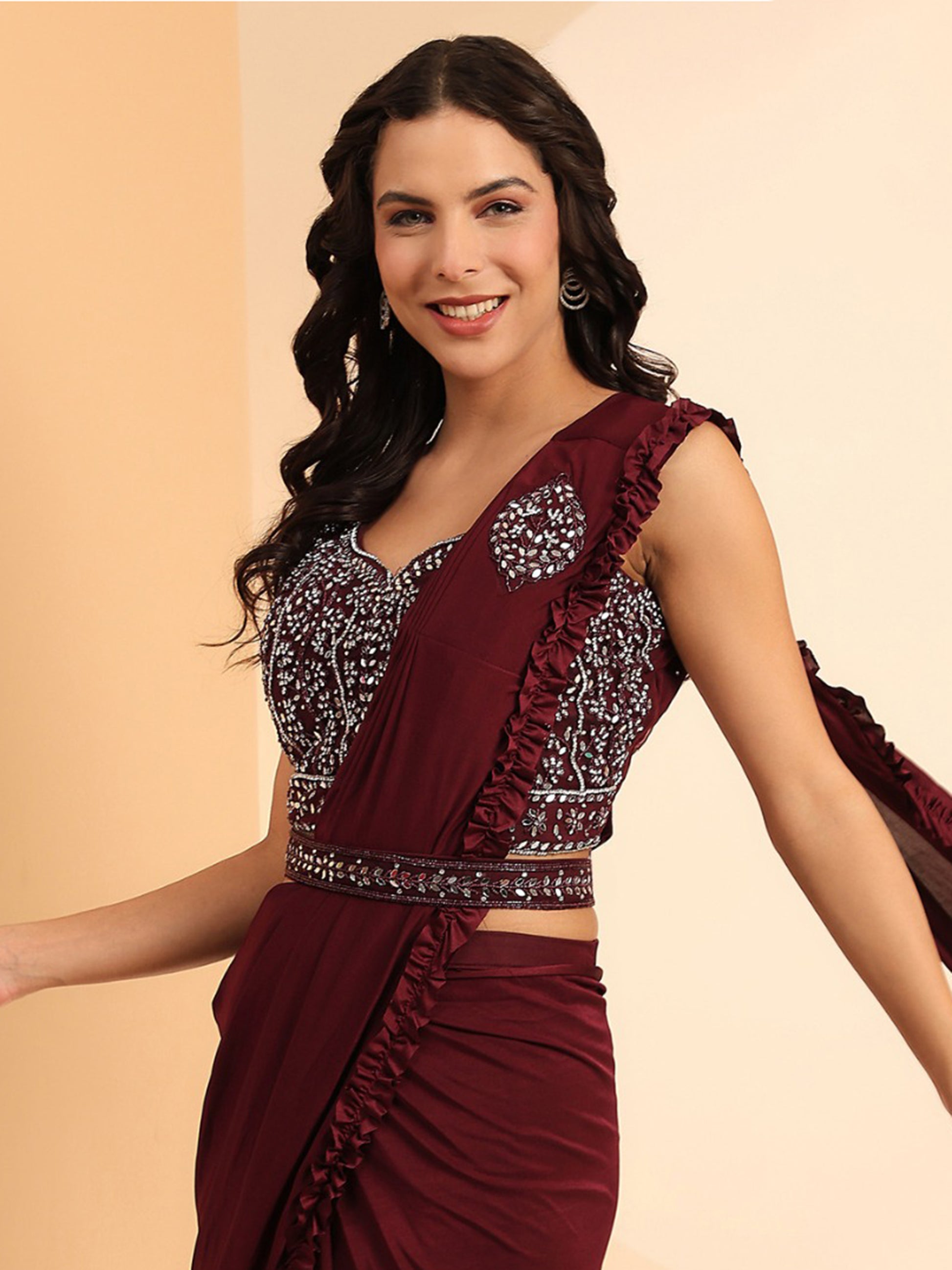Bewitching Maroon Lycra Ready To Wear Saree With Mirror Work Blouse