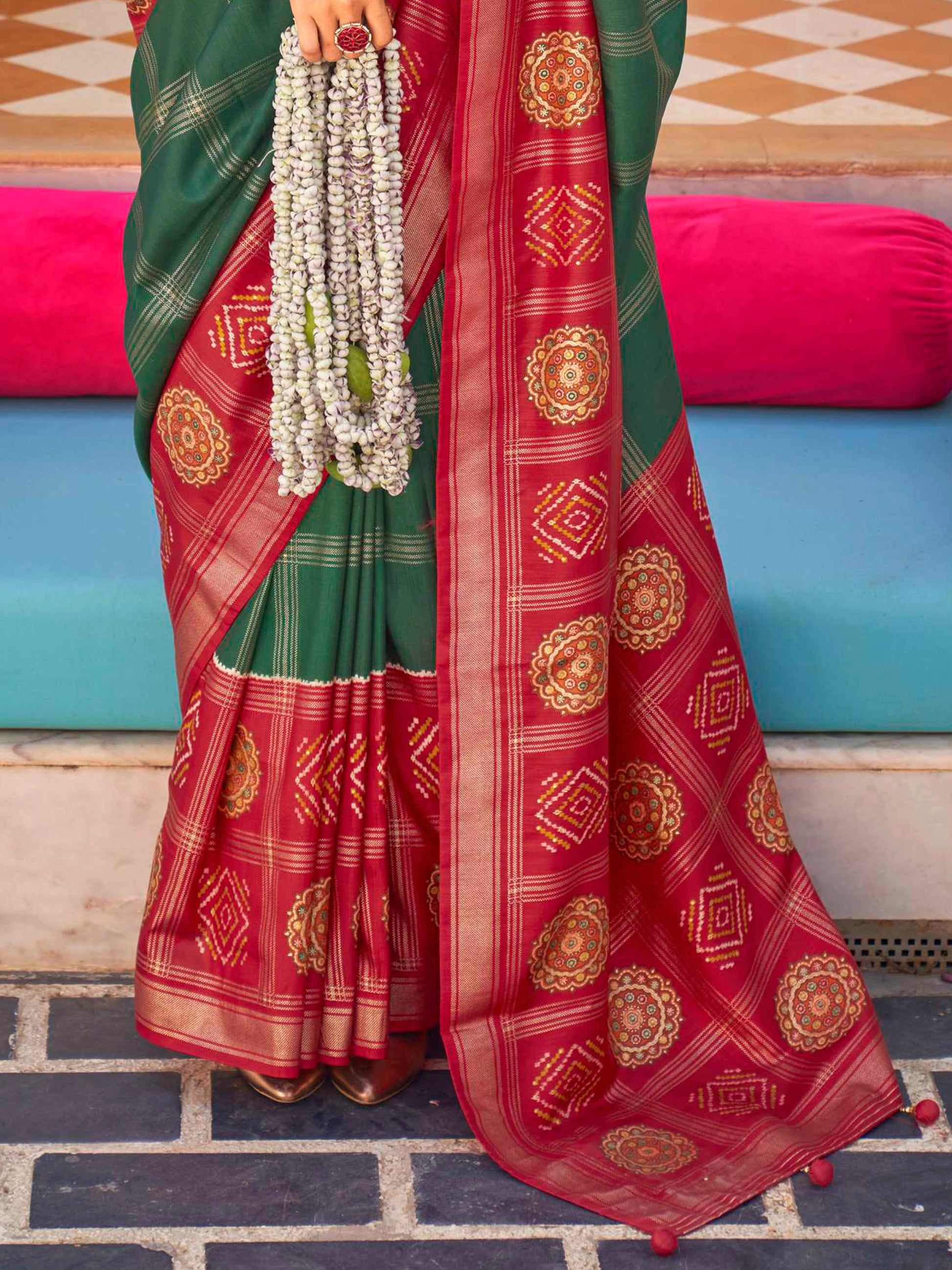 Astonishing Green Patola Printed Silk Saree With Blouse