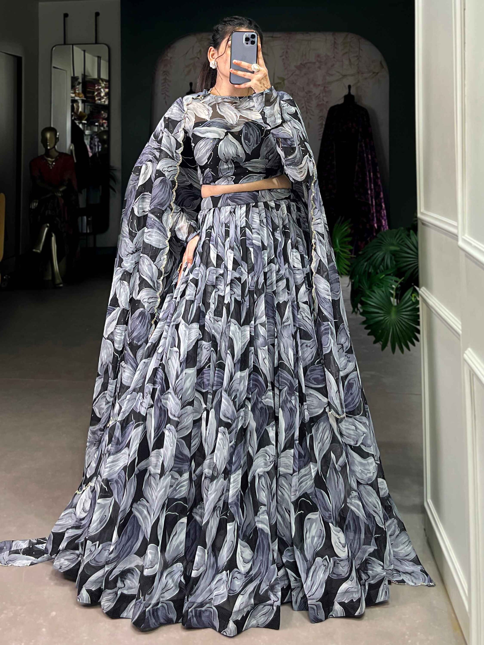 Adorable Black Digital Printed Silk Party Wear Lehenga Choli With Dupatta