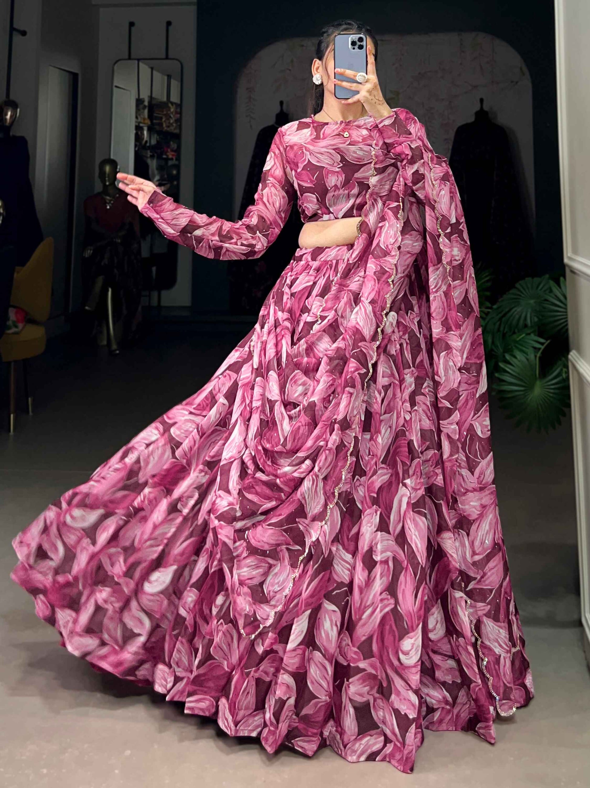 Wondrous Wine Digital Printed Silk Festival Wear Lehenga Choli