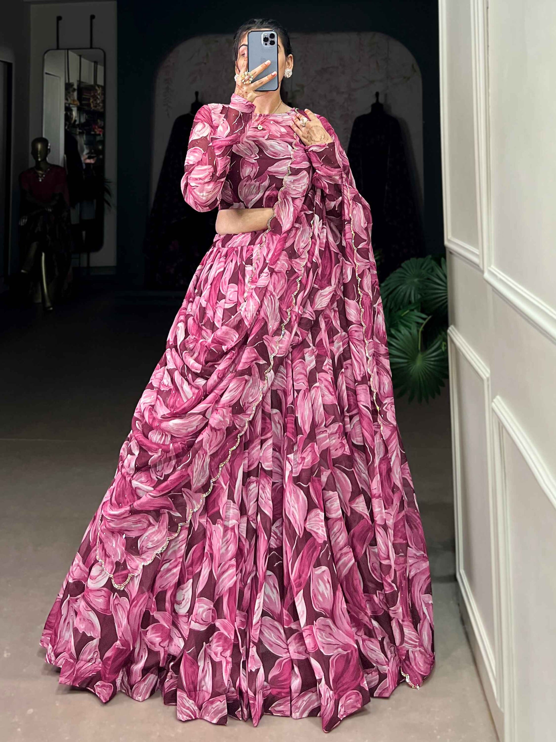 Wondrous Wine Digital Printed Silk Festival Wear Lehenga Choli