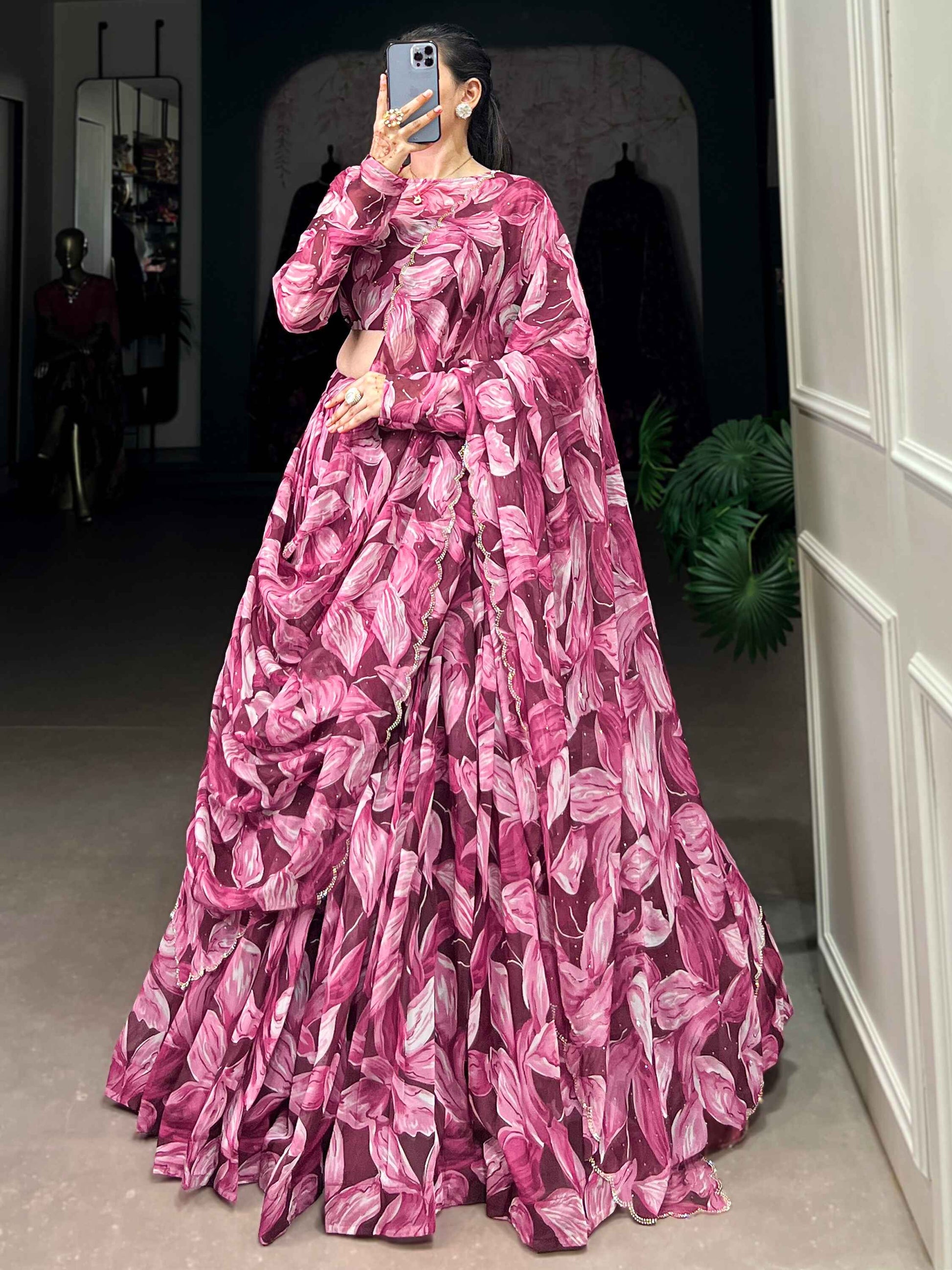 Wondrous Wine Digital Printed Silk Festival Wear Lehenga Choli