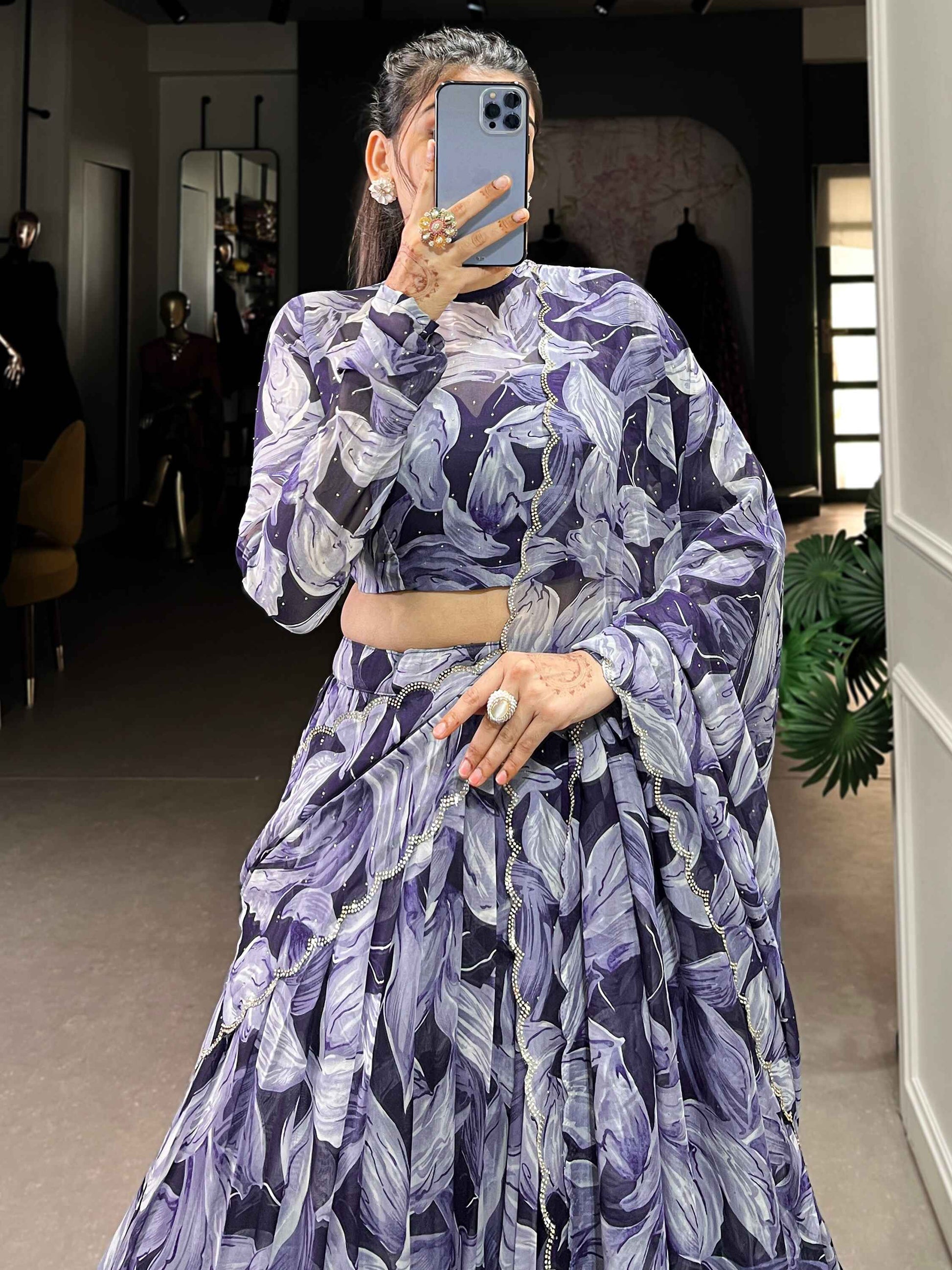 Glamorous Navy Blue Digital Printed Silk Festival Wear Lehenga Choli