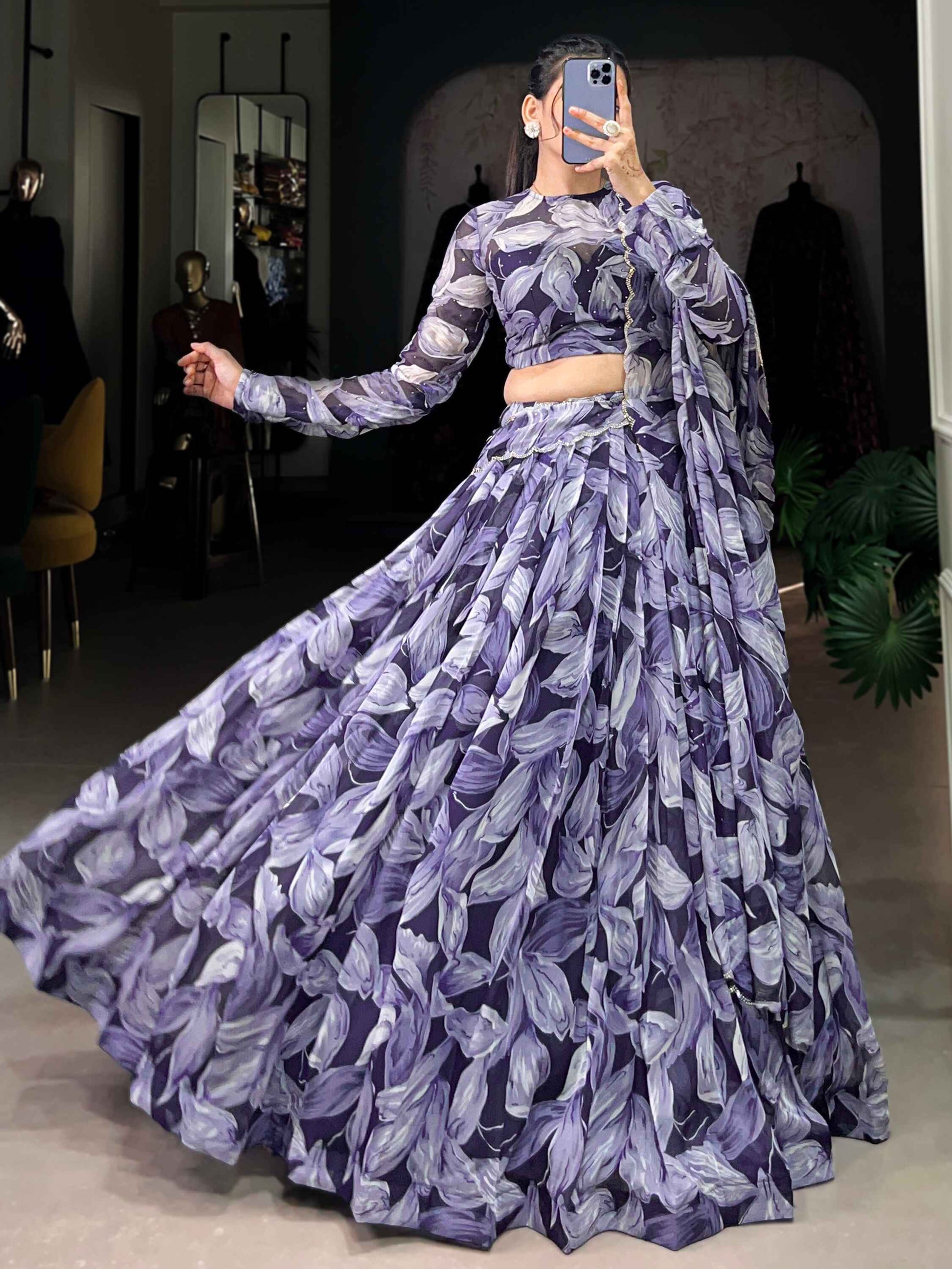 Glamorous Navy Blue Digital Printed Silk Festival Wear Lehenga Choli