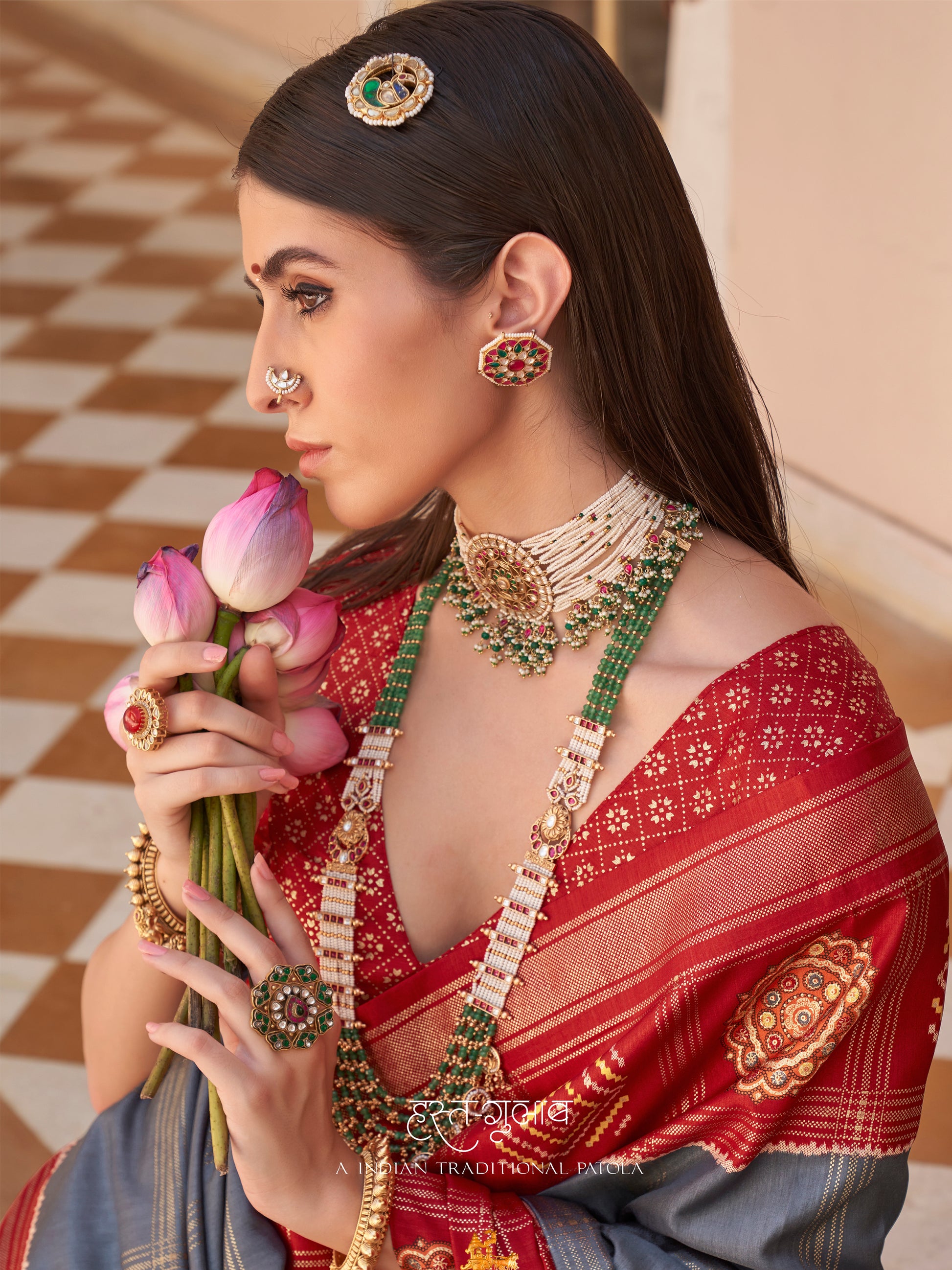 Excellent Grey Patola Printed Silk Casual Wear Saree With Blouse