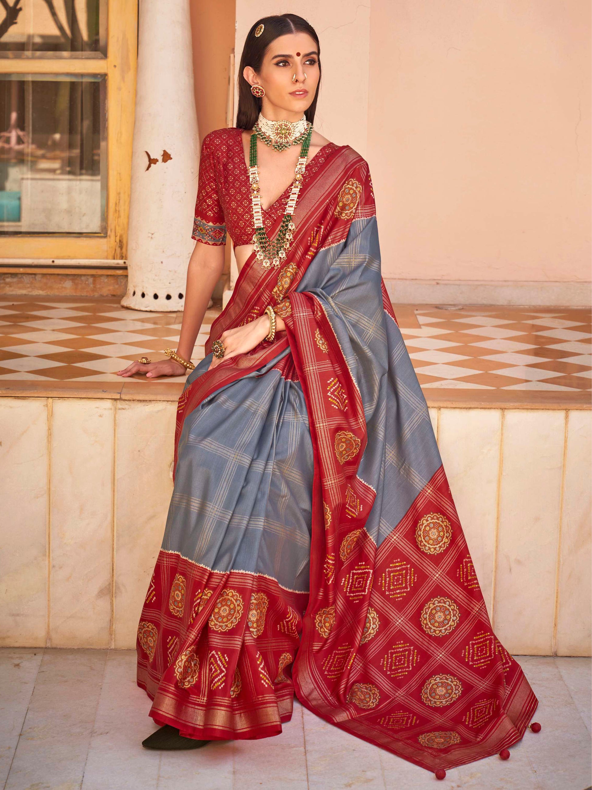 Excellent Grey Patola Printed Silk Casual Wear Saree With Blouse