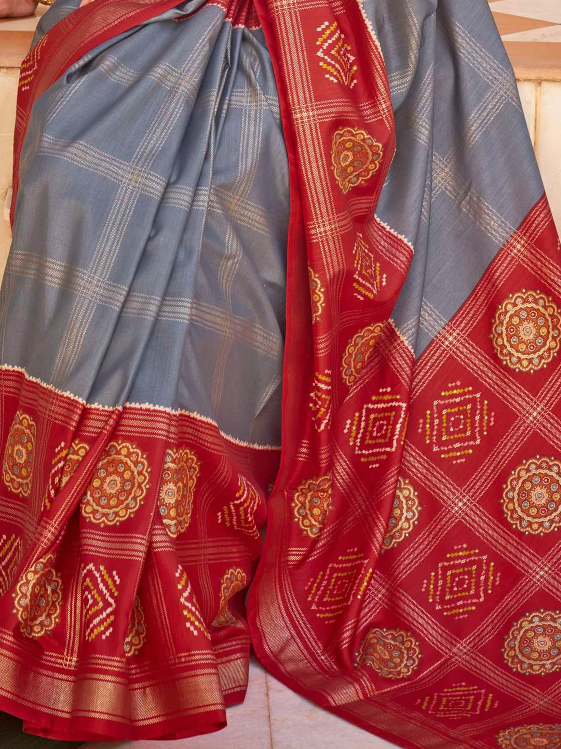 Excellent Grey Patola Printed Silk Casual Wear Saree With Blouse