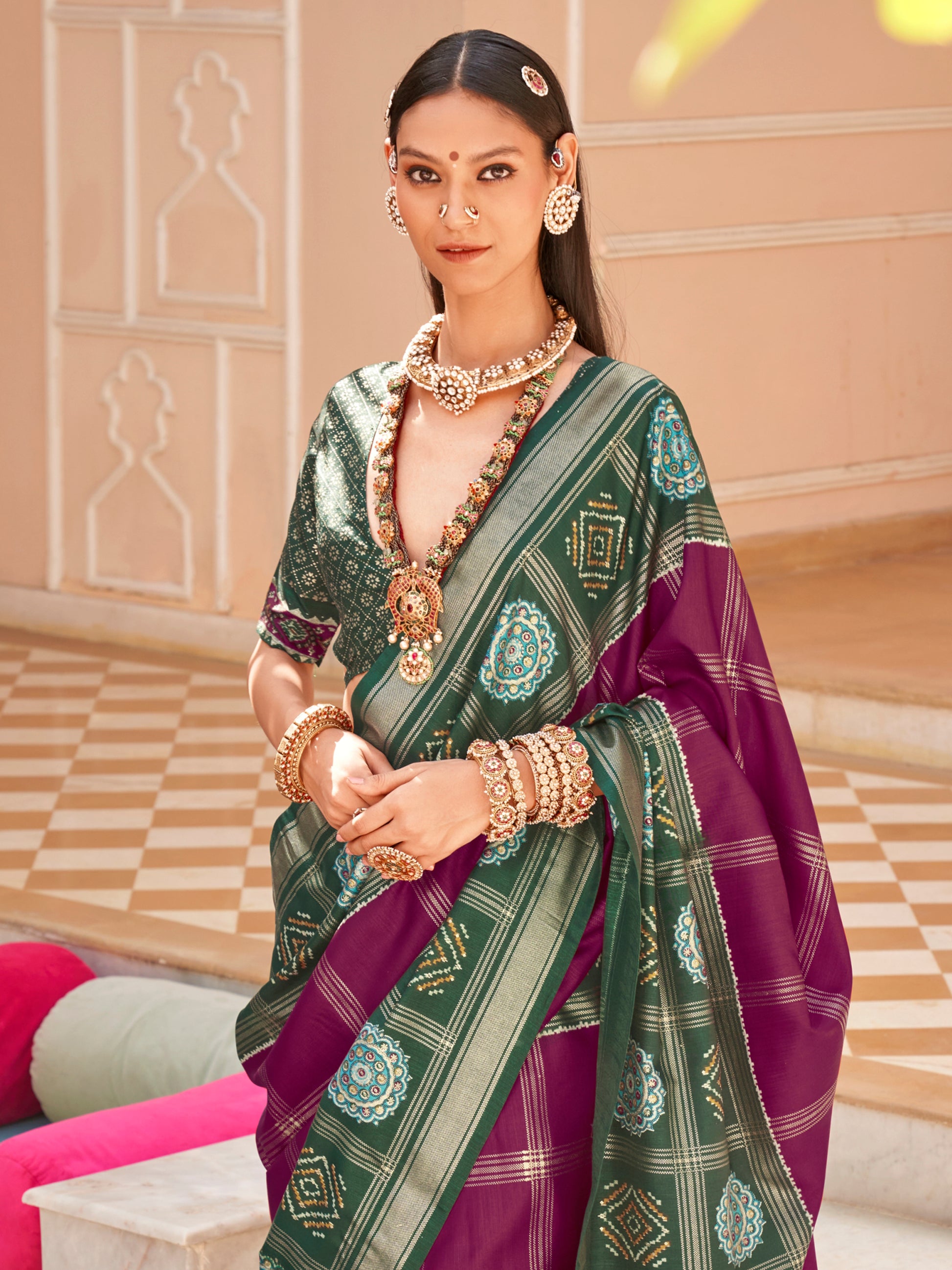 Marvelous Purple Patola Printed Silk Traditional Saree With Blouse