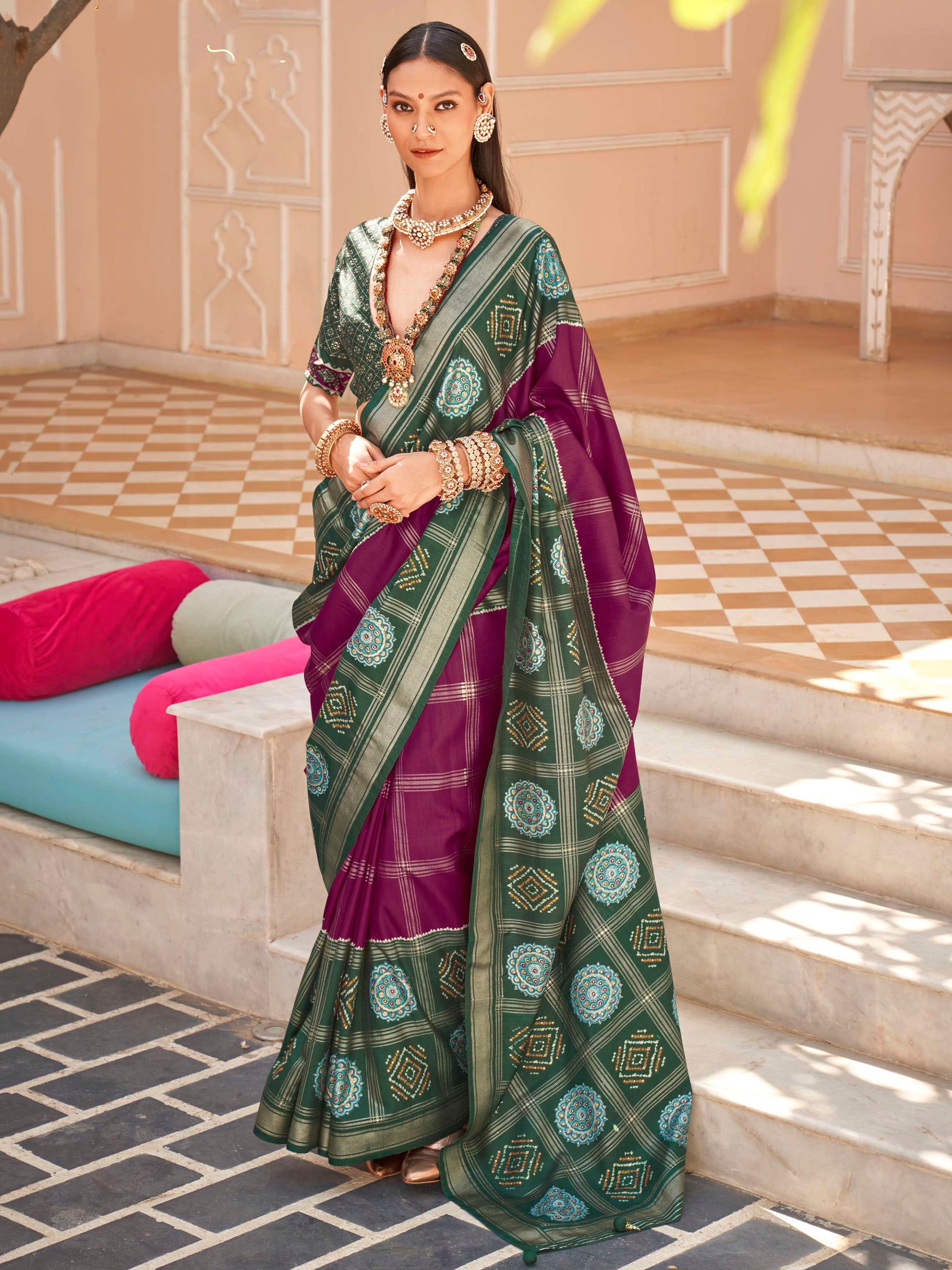 Marvelous Purple Patola Printed Silk Traditional Saree With Blouse
