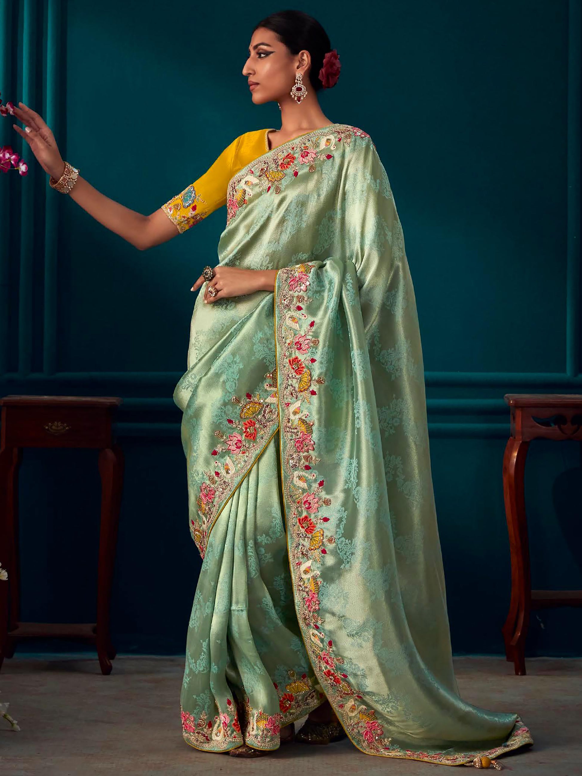 Marvelous Mint Green Embroidered Kanjivaram Silk Designer Saree