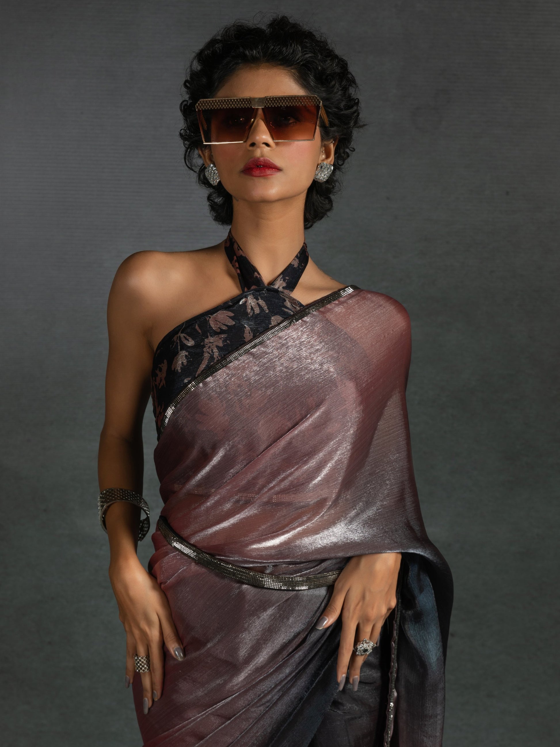 Dazzling Rose Gold Satin Reception Wear Pre-Stitched Saree With Blouse