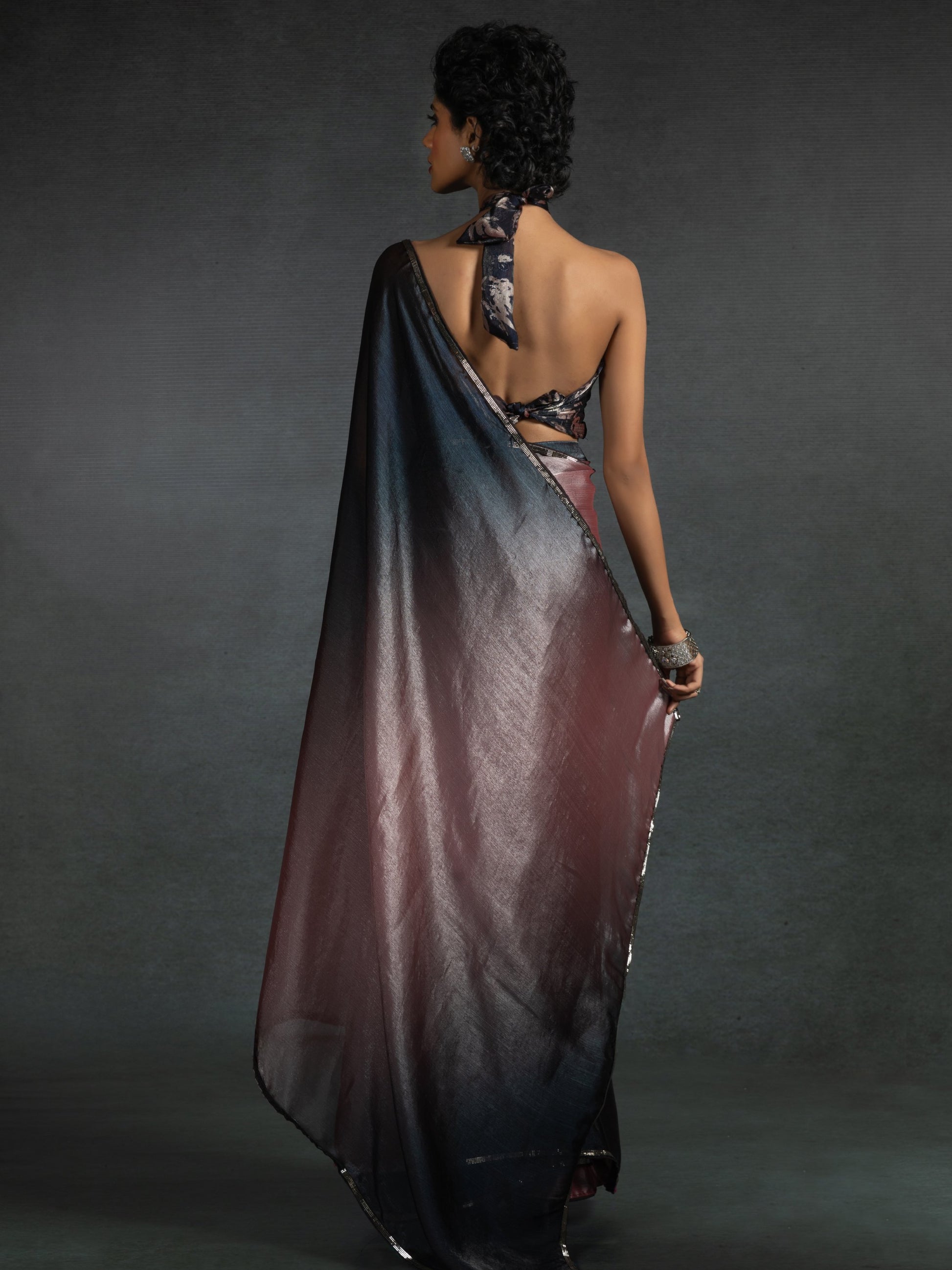 Dazzling Rose Gold Satin Reception Wear Pre-Stitched Saree With Blouse