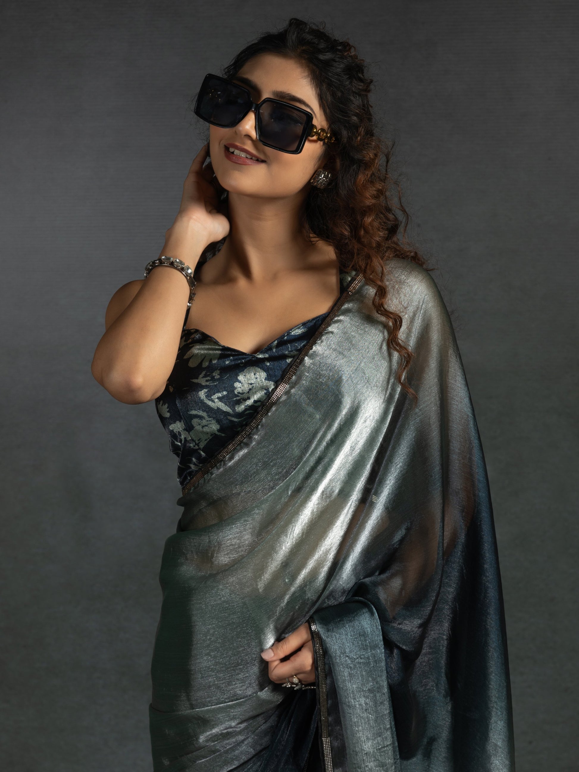 Attractive Grey & Blue Satin Designer Pre-Stitched Saree With Blouse